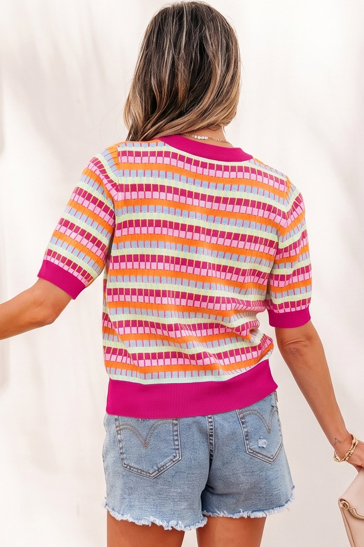 Purple Abstract Striped Knit Short Sleeve Sweater