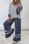 Blue Stripe V Neck Ruffle Contrast Sleeve Top Drawstring Pants 2pcs Set