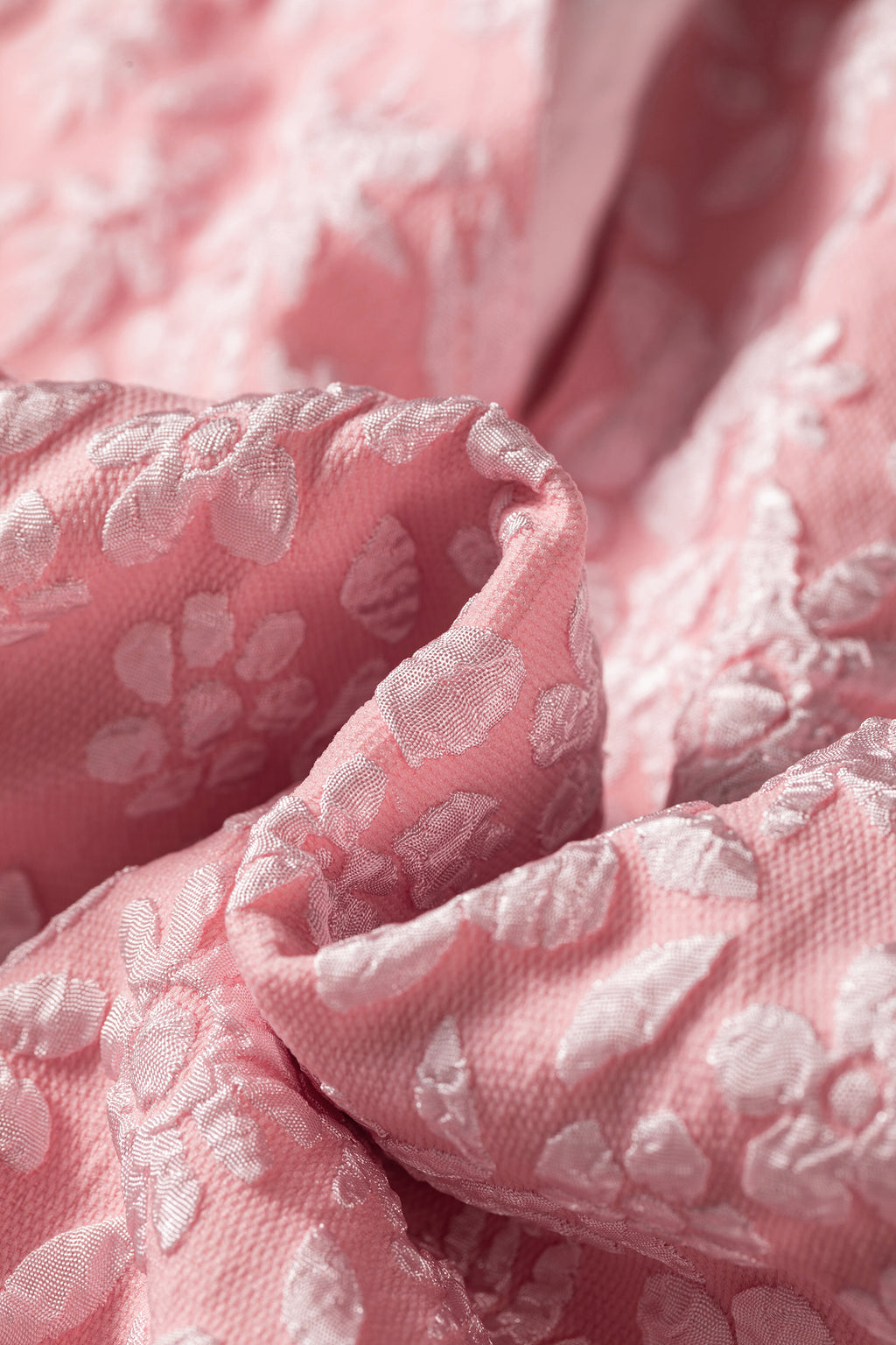 Apricot Pink Floral Textured Jacquard Puff Sleeve Blouse