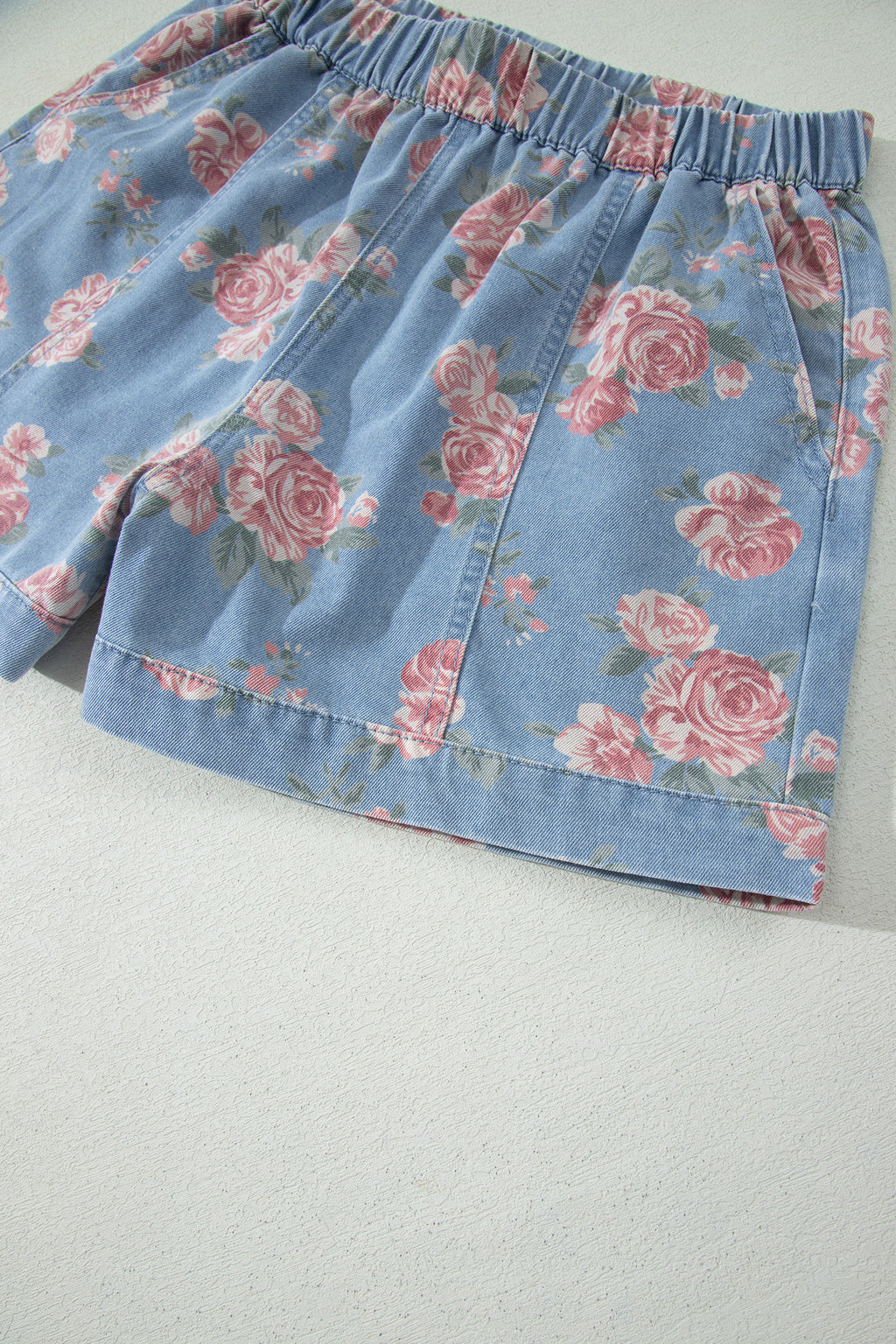 Sky Blue Floral Denim Short Sleeve Top Loose Shorts 2pcs Set