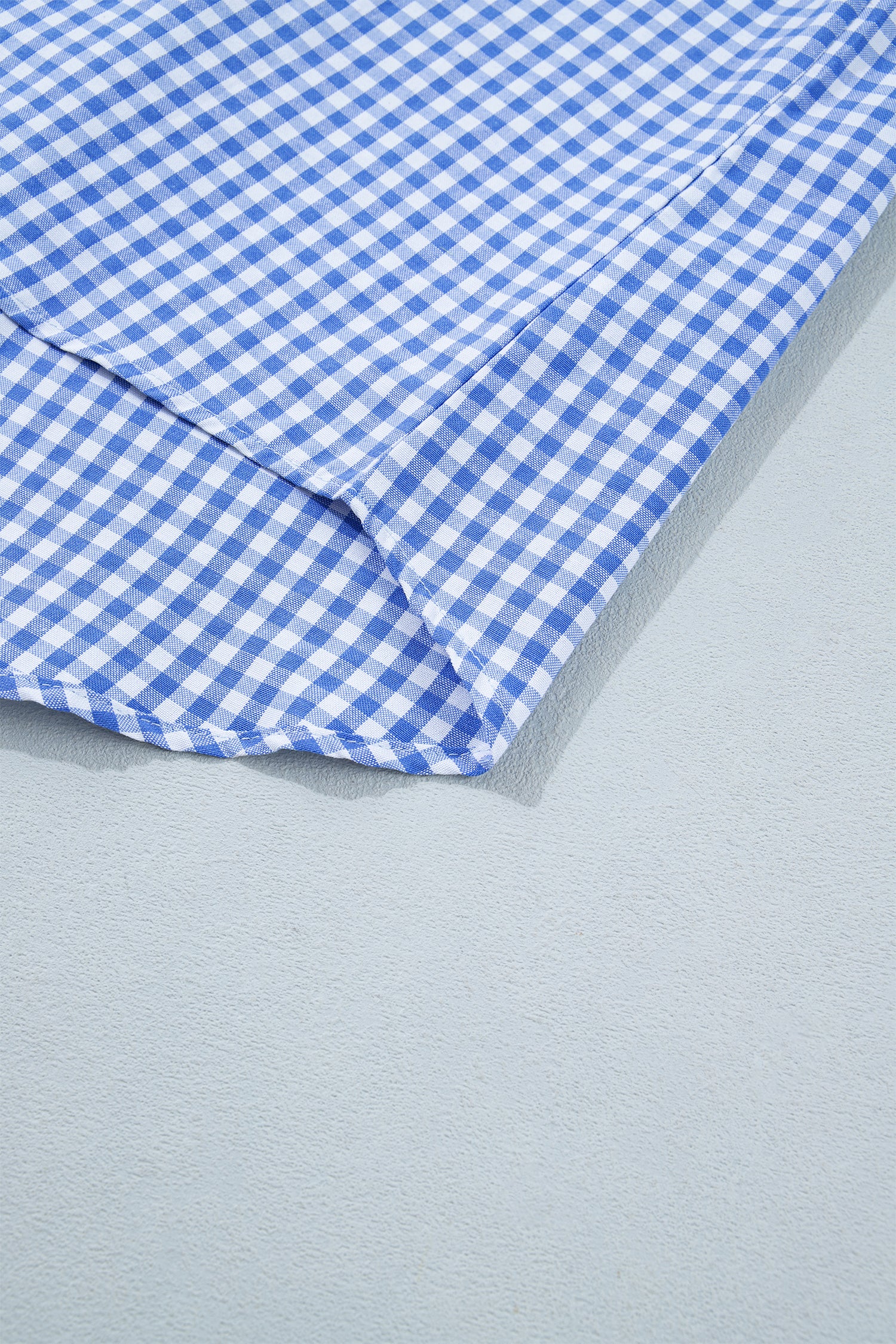 Sky Blue Summer Plaid V Neck Puff Sleeve Blouse