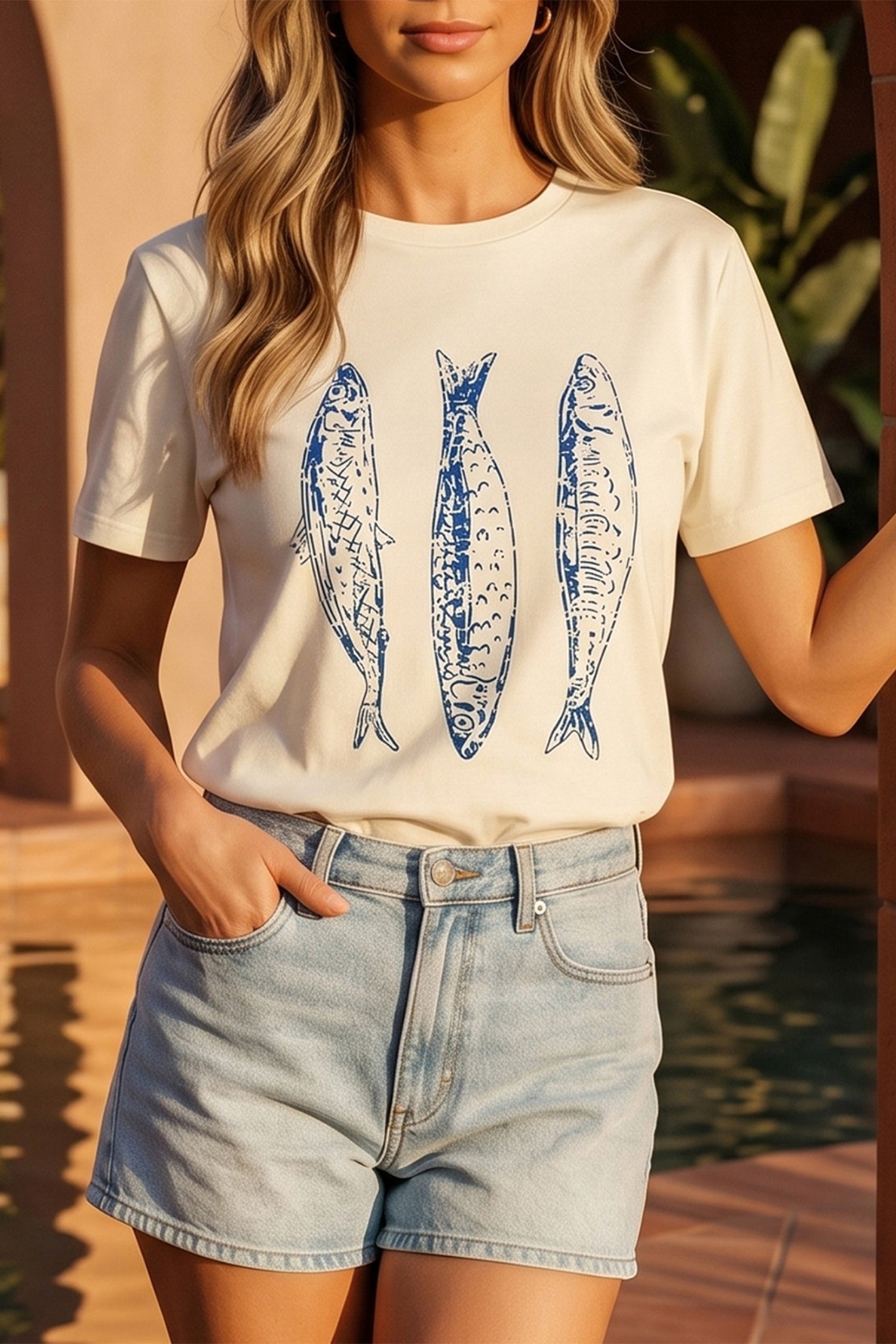 White Fish Print Short Sleeve Round Neck T Shirt