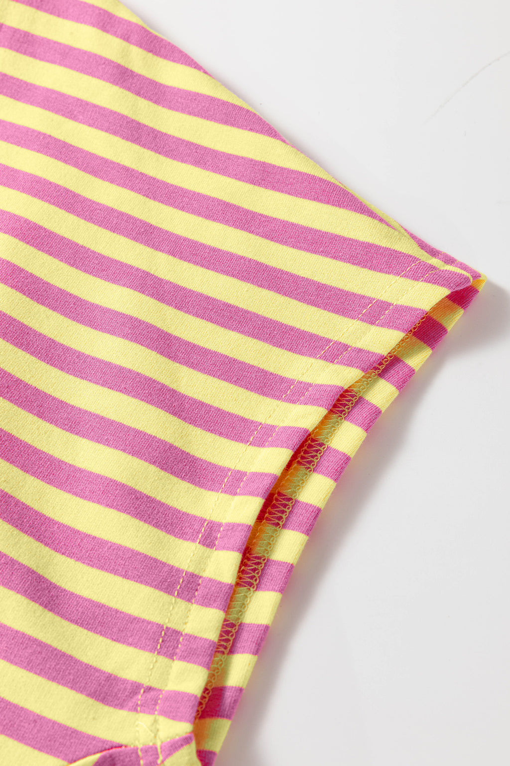 Pink Stripe Colorblock Trim V Neck Tee Drawstring Elastic Waist Short Set
