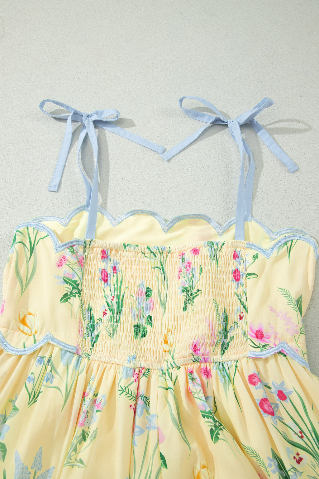 Yellow Floral Print Contrast Trim Self-tie Straps High Waist Midi Dress