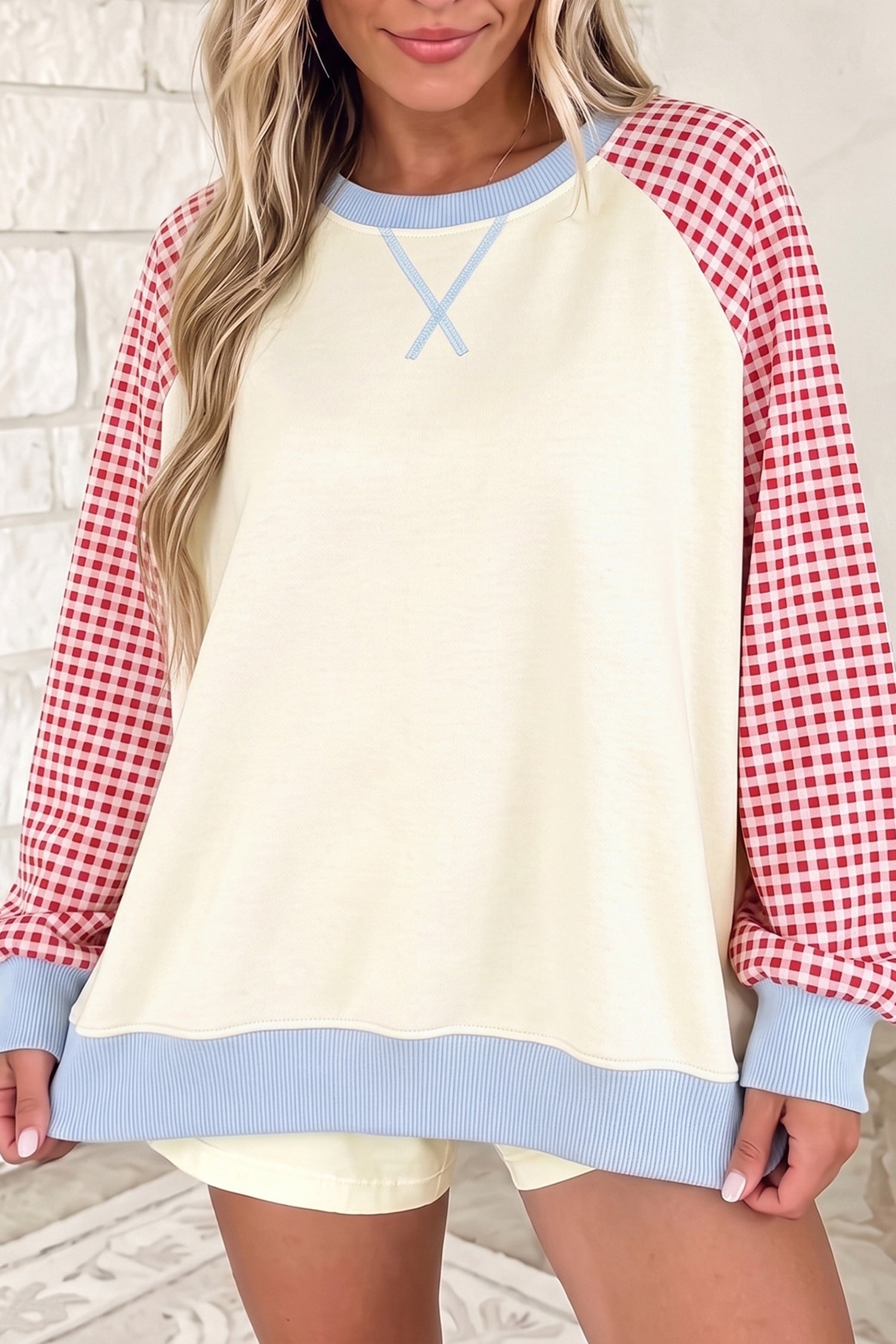 Beige Plaid Sleeve Colorblock Raglan Pullover Sweatshirt