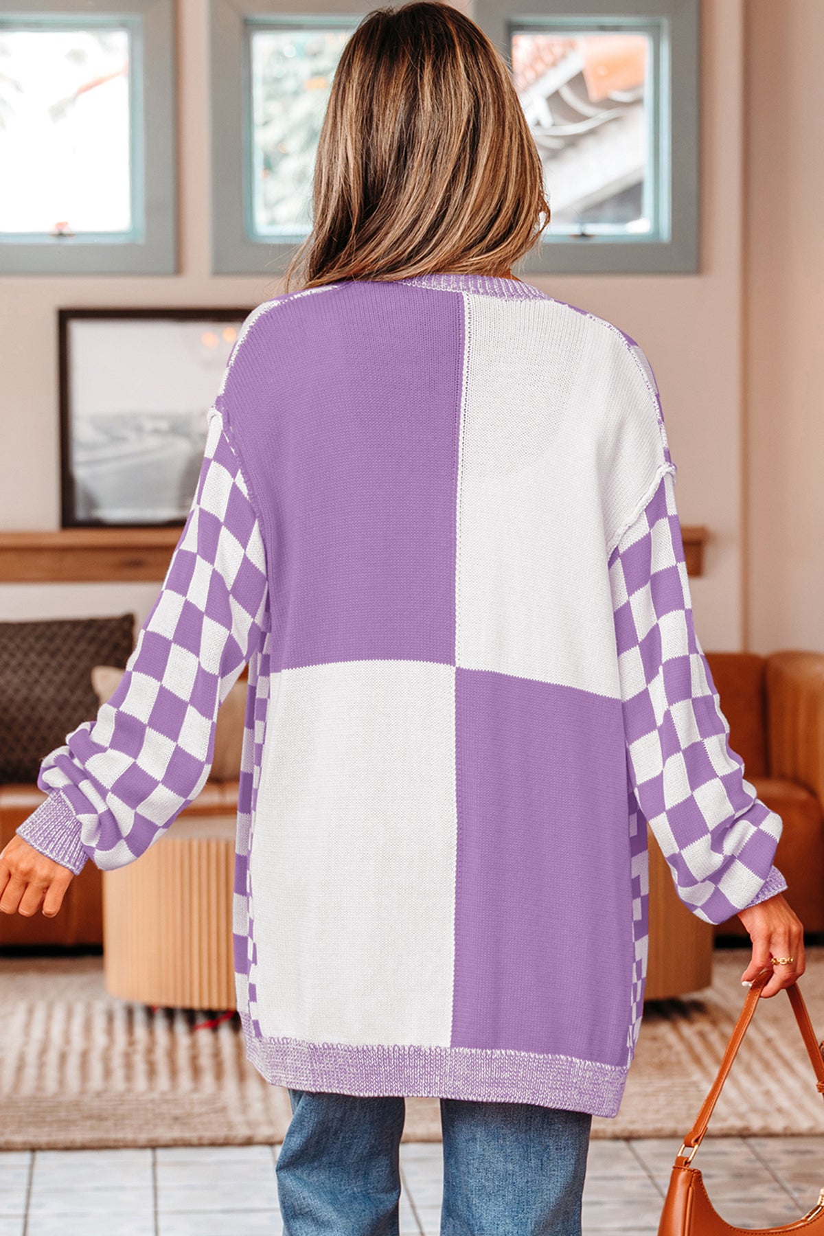 Purple Checkered Open Front Drop Shoulder Cardigan