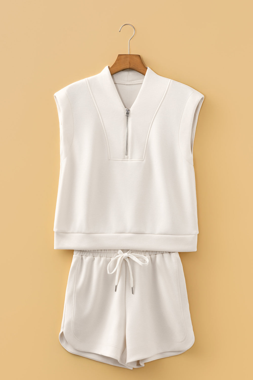 Oatmeal Quarter Zip Sleeveless Top Drawstring Shorts Casual 2pcs Outfit