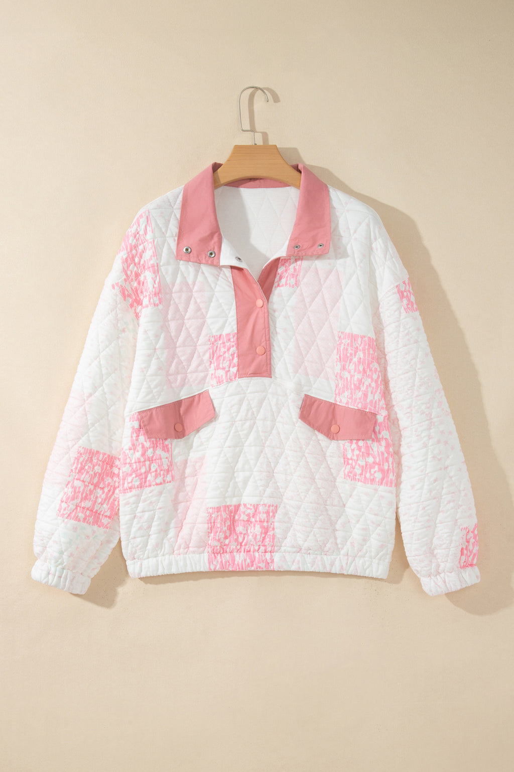 Pink Floral Quilted Half Button Pocketed Pullover Sweatshirt