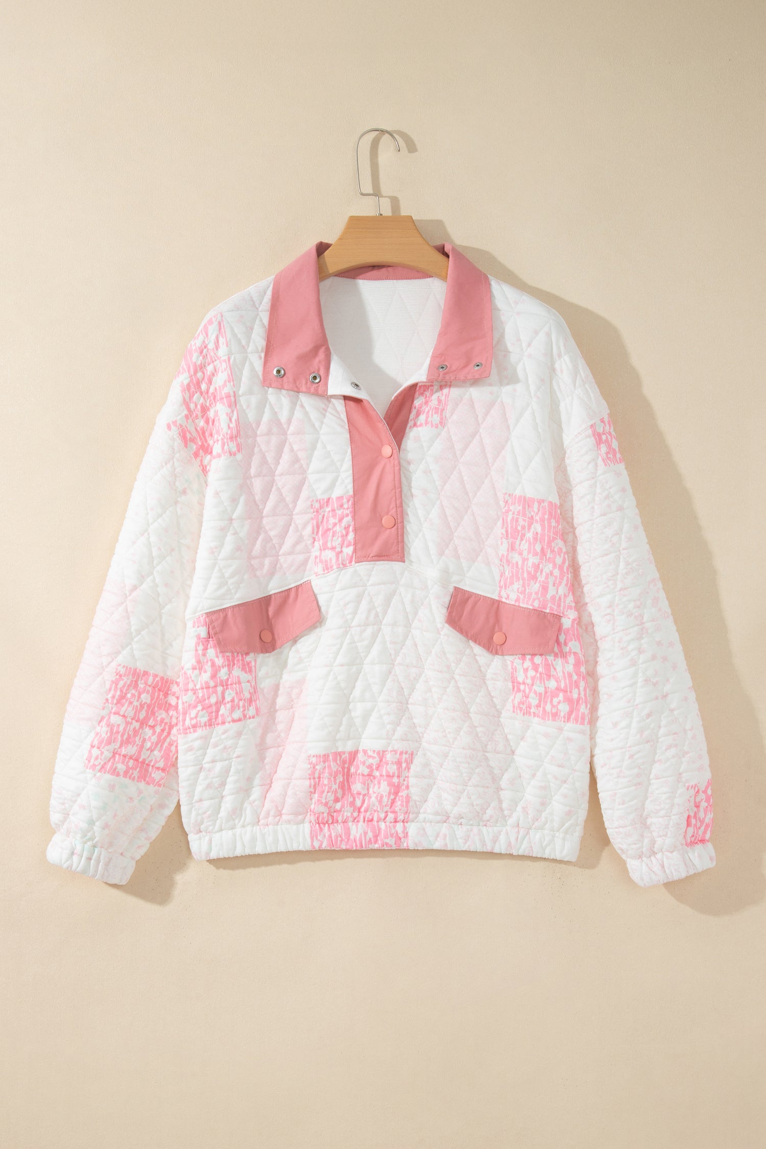 Pink Floral Quilted Half Button Pocketed Pullover Sweatshirt