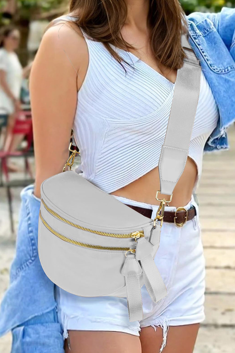 Dark Grey Double Zip Crescent Shape Adjustable Sling Bag