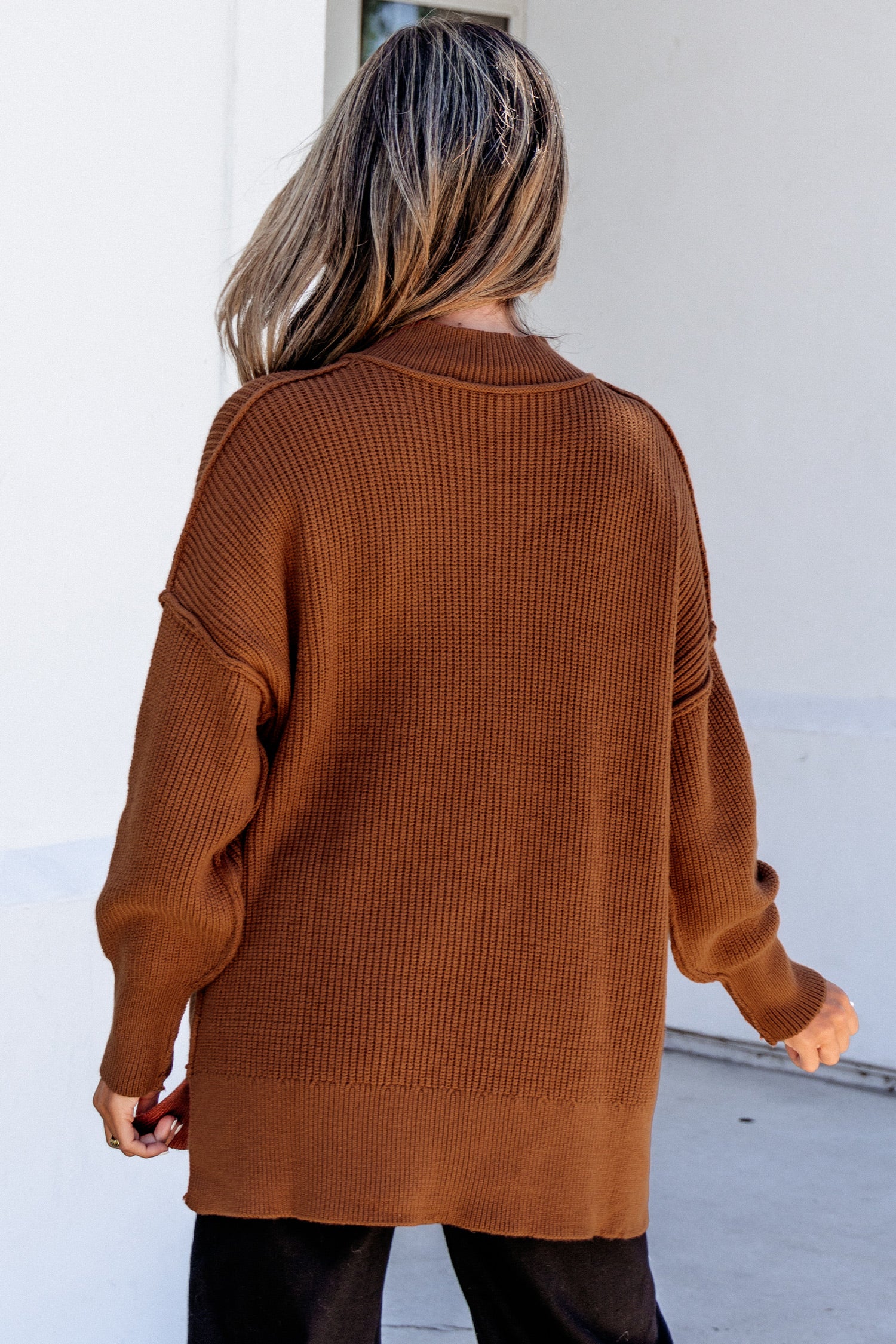 Chestnut Solid Color Mock Neck Oversized Tunic Sweater
