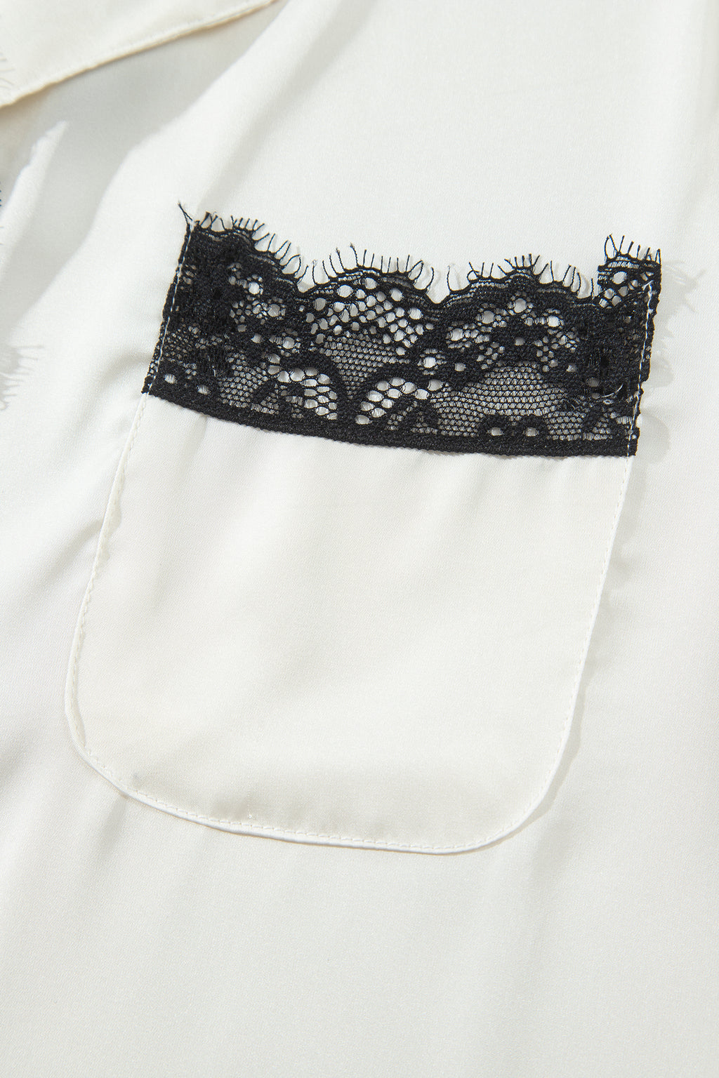 White Long Sleeve Lace Trim Button Front 2pcs Pajama Set