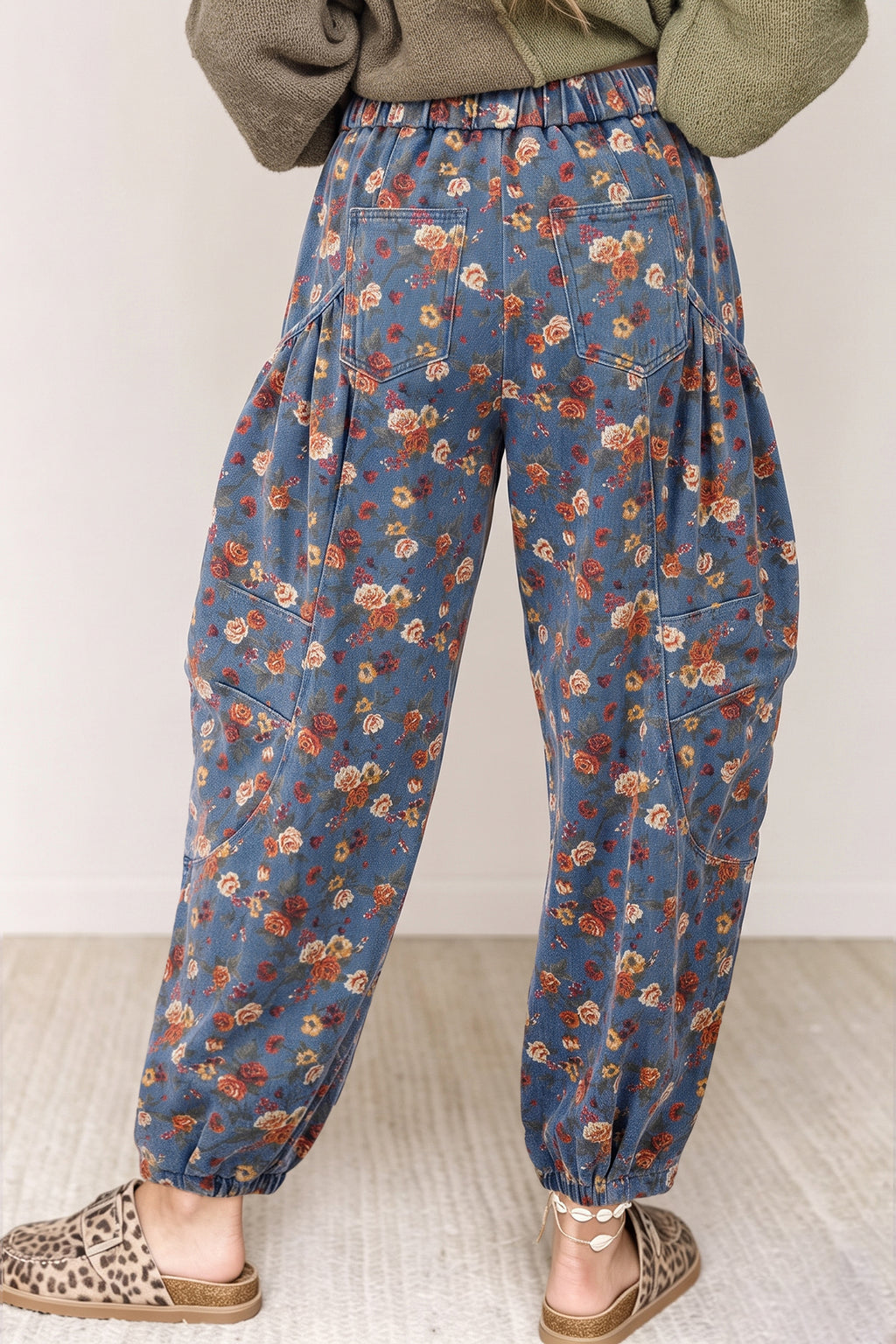 Beau Blue Retro Floral Print Elastic Waist Pocketed Barrel Jeans