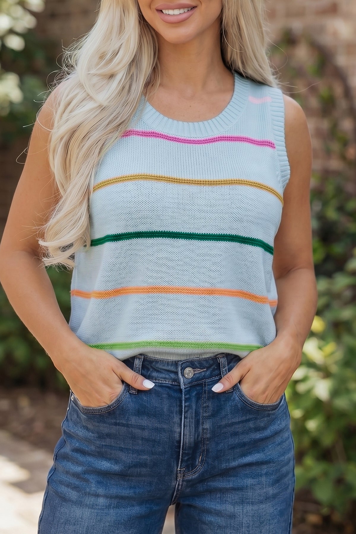 Green Stripe Round Neck Knitted Sweater Tank
