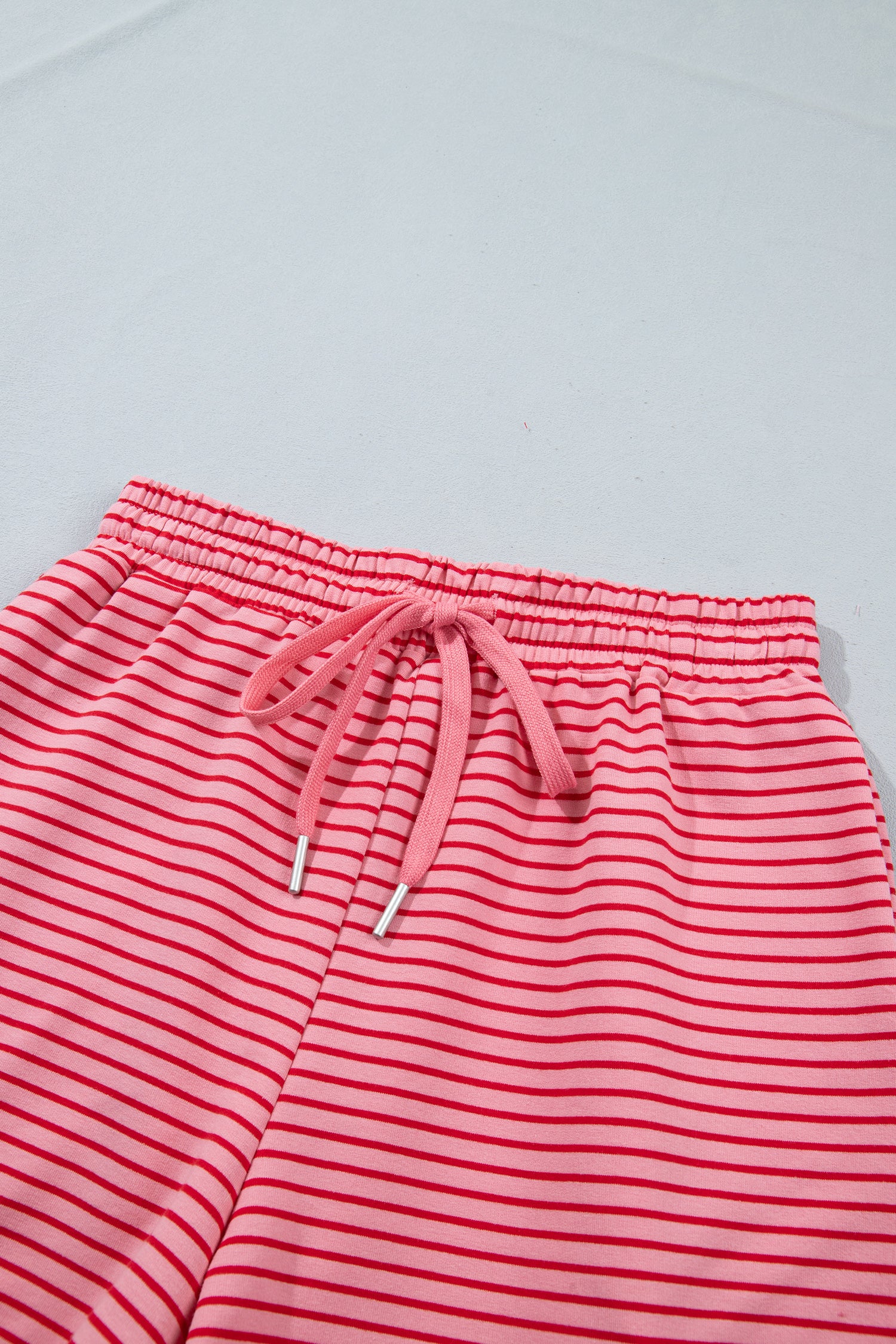 Blue Stripe Ribbed Patchwork Mock Neck Baggy Pullover Matching Shorts Set