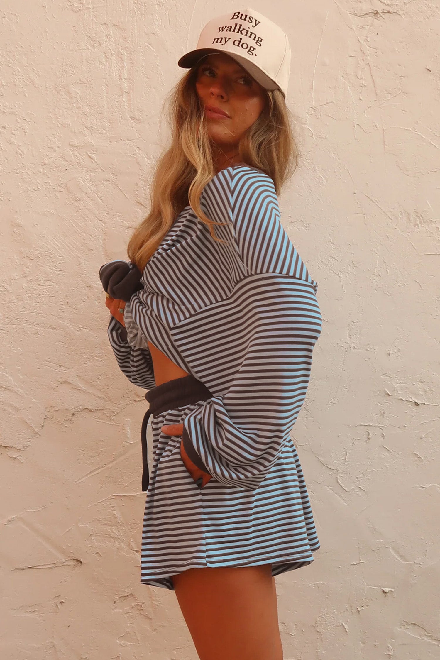 Brown Stripe Oversized Long Sleeve Top Drawstring Loose Shorts 2pcs Set