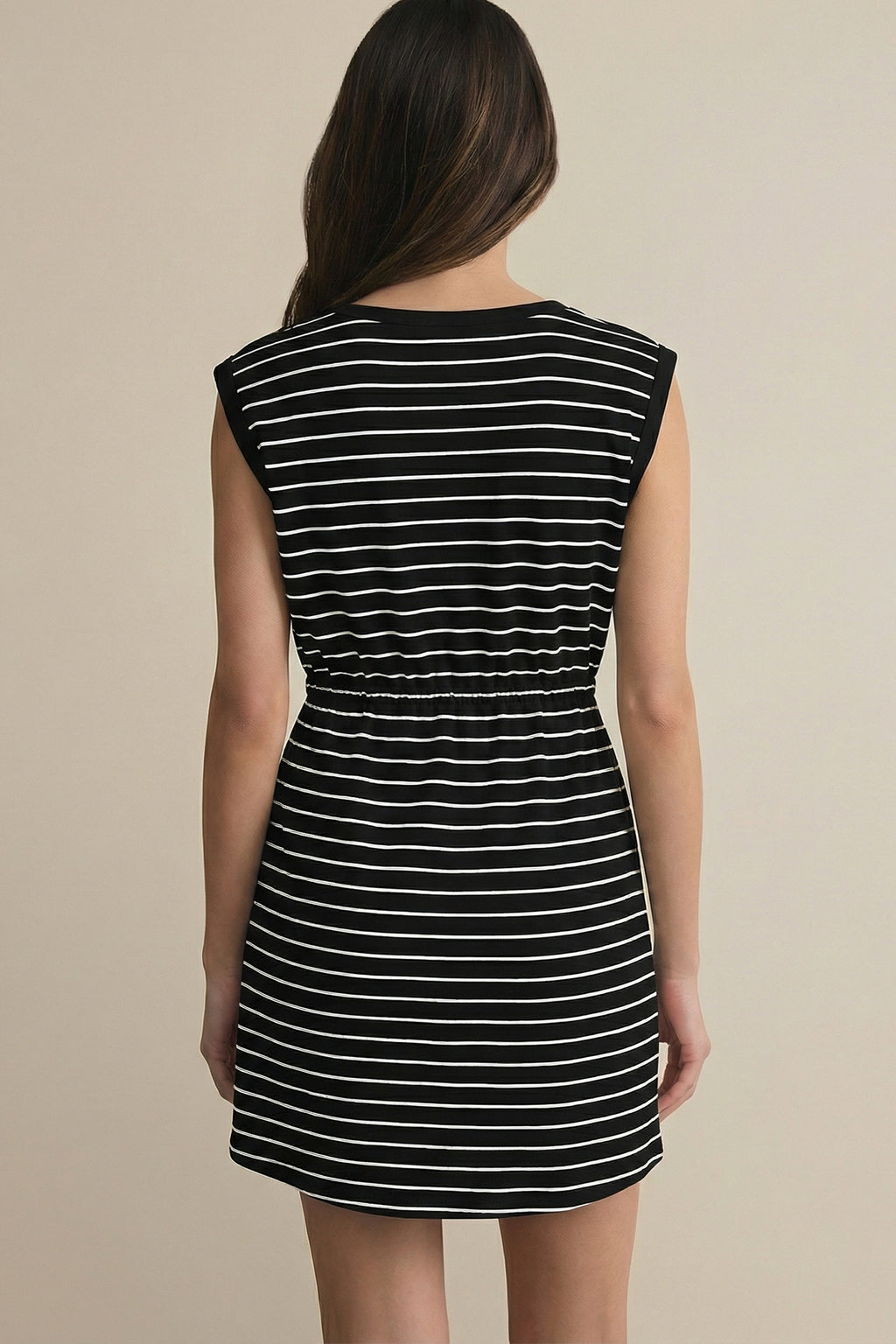 Black Stripe Drawstring Tunic Tank Mini Dress with Pockets
