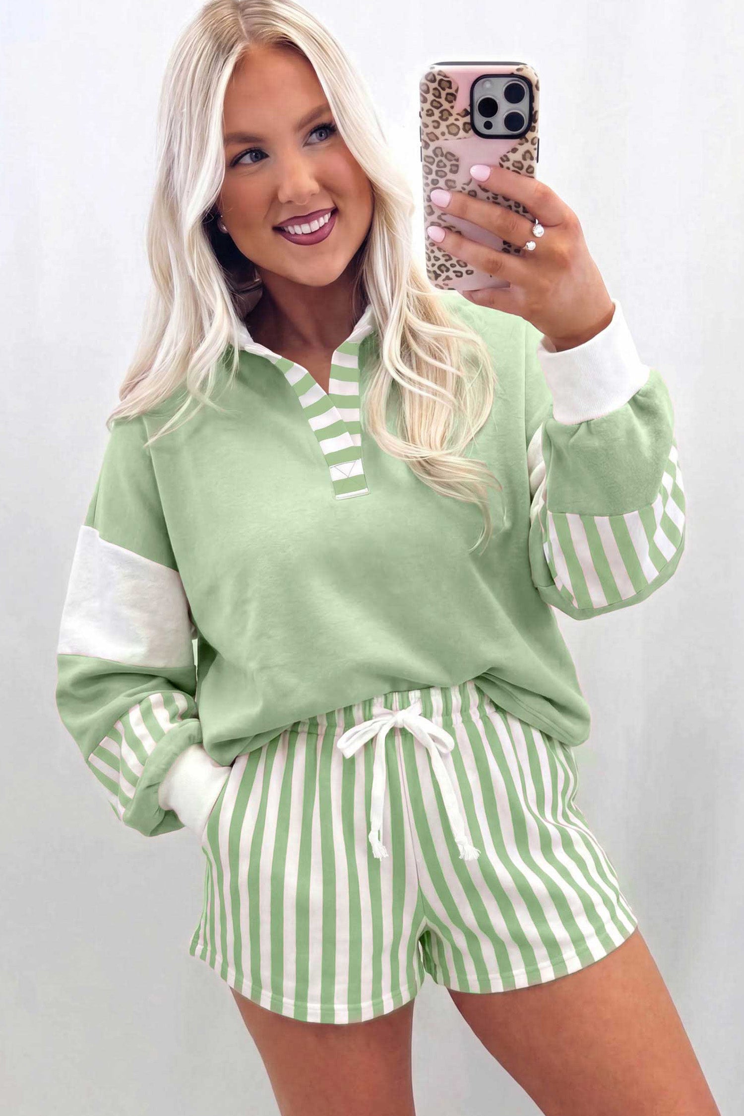 Smoke Green Striped Color Block Pullover Top Drawstring Shorts Set