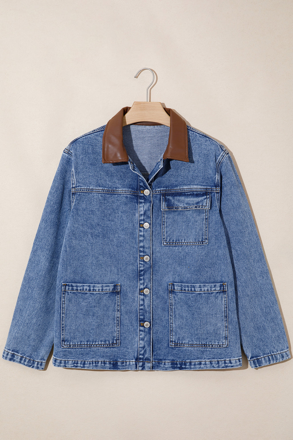 Sky Blue Patchwork Leather Collar Long Sleeve Denim Jacket