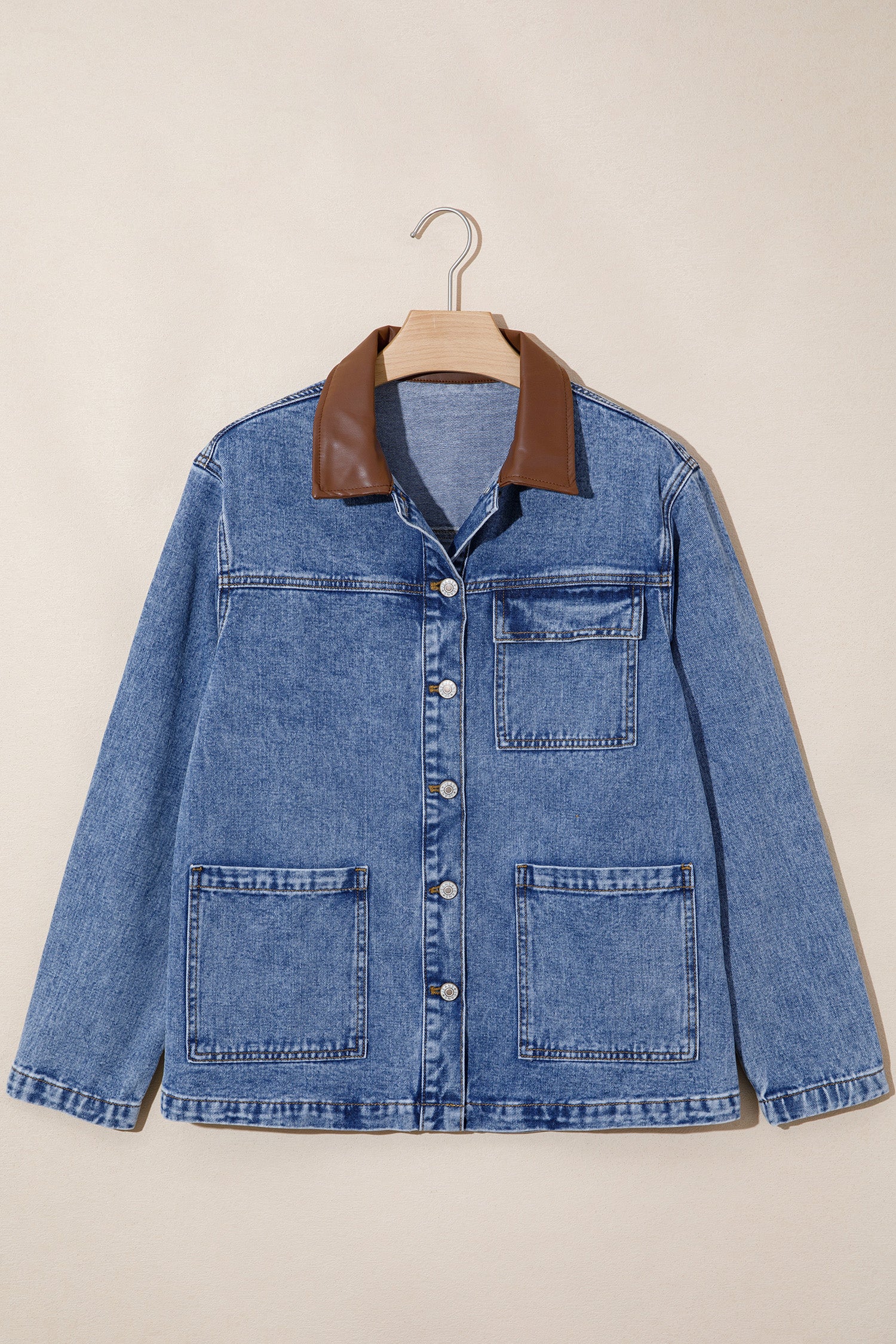 Sky Blue Patchwork Leather Collar Long Sleeve Denim Jacket