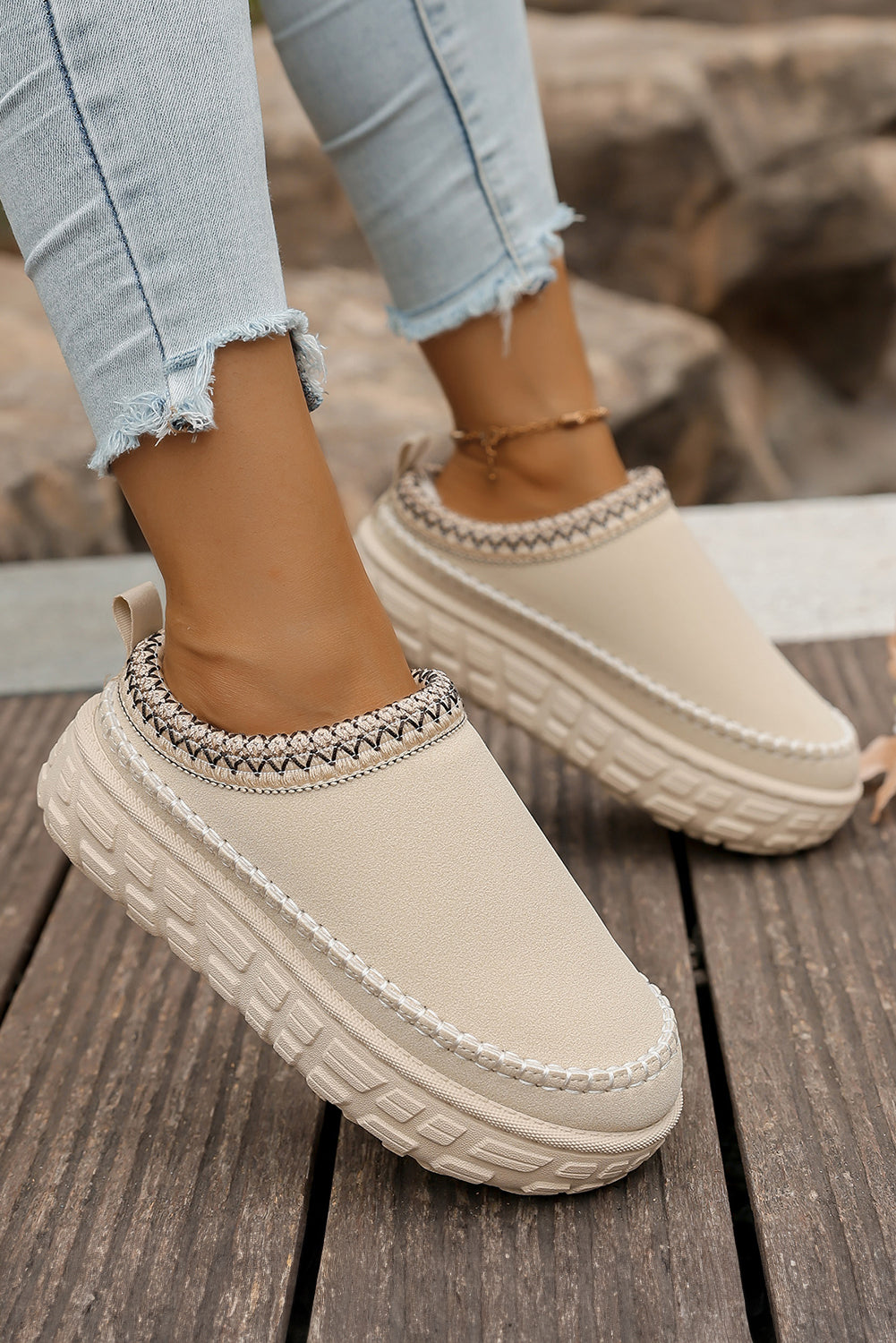 White Faux Suede Woven Trim Plush Lining Platform Slippers