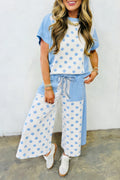 Pink Color Block Patchwork Polka Dot Wide Leg Pant Set