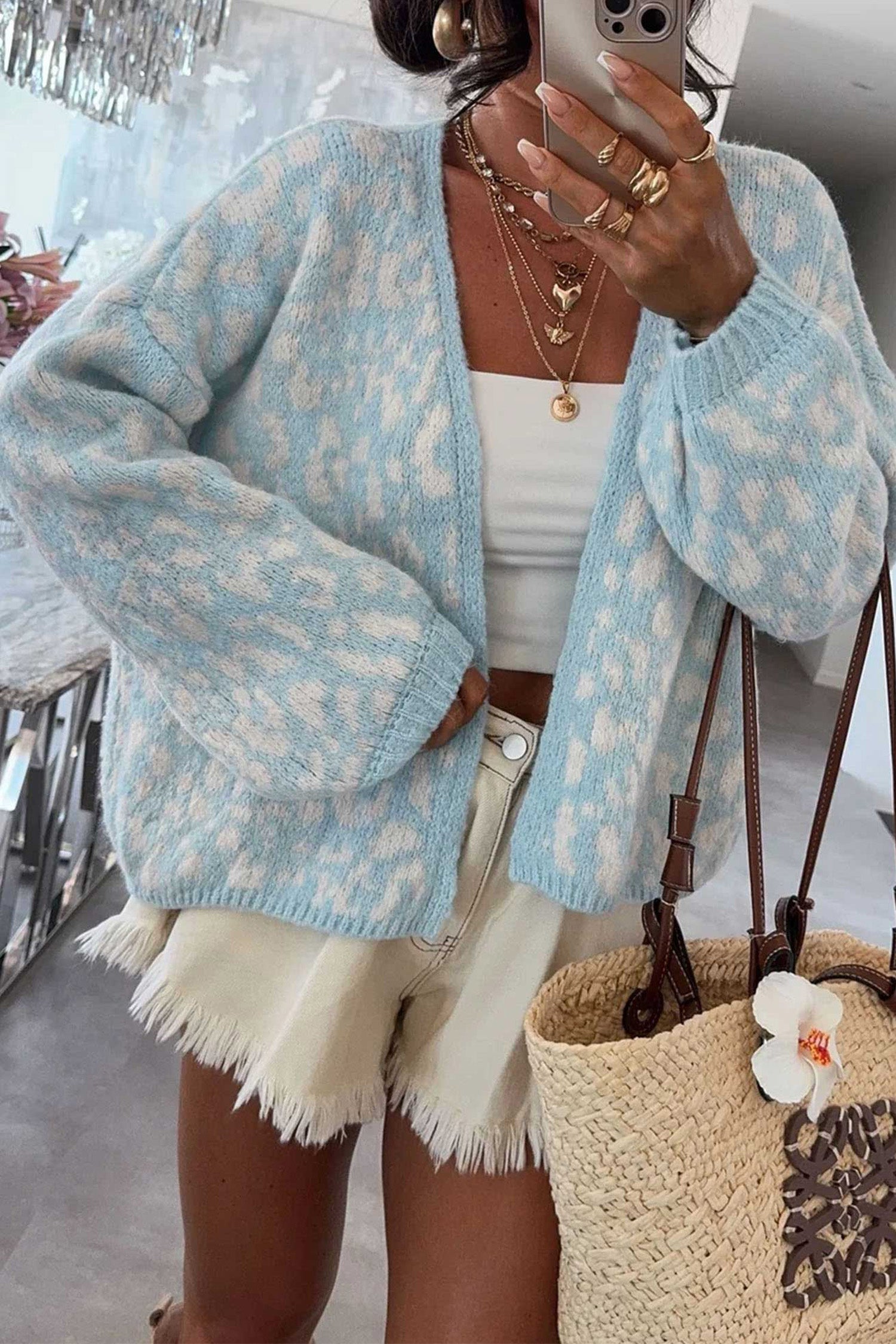 Light Blue Leopard Print V Neck Long Sleeve Loose Fit Knit Cardigan