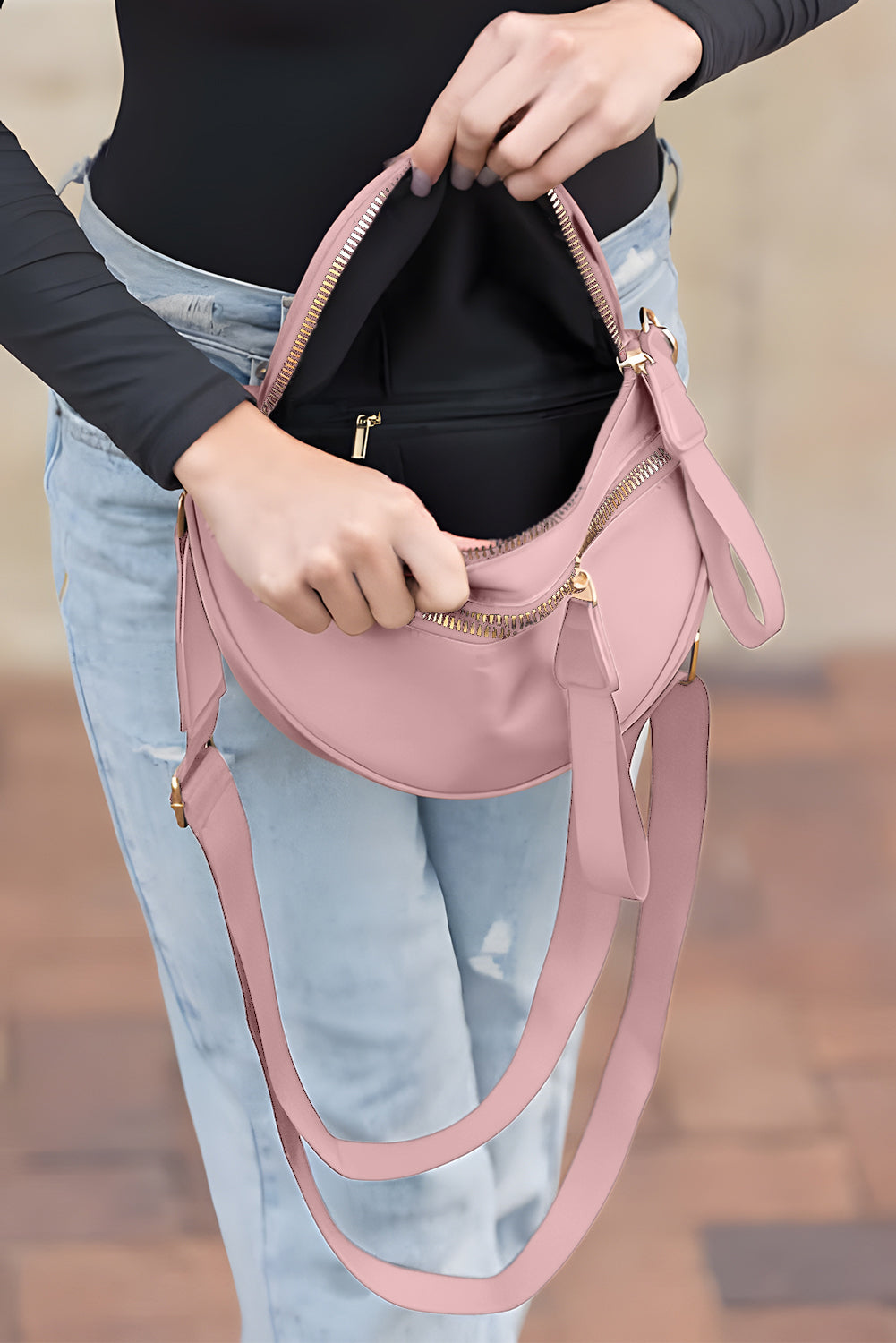 Dark Grey Double Zip Crescent Shape Adjustable Sling Bag