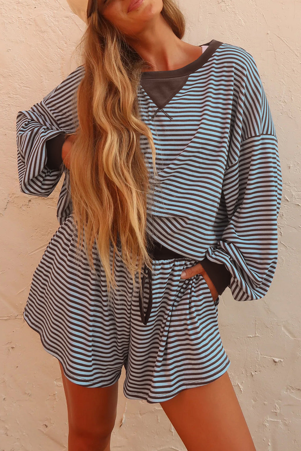 Brown Stripe Oversized Long Sleeve Top Drawstring Loose Shorts 2pcs Set