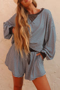 Brown Stripe Oversized Long Sleeve Top Drawstring Loose Shorts 2pcs Set