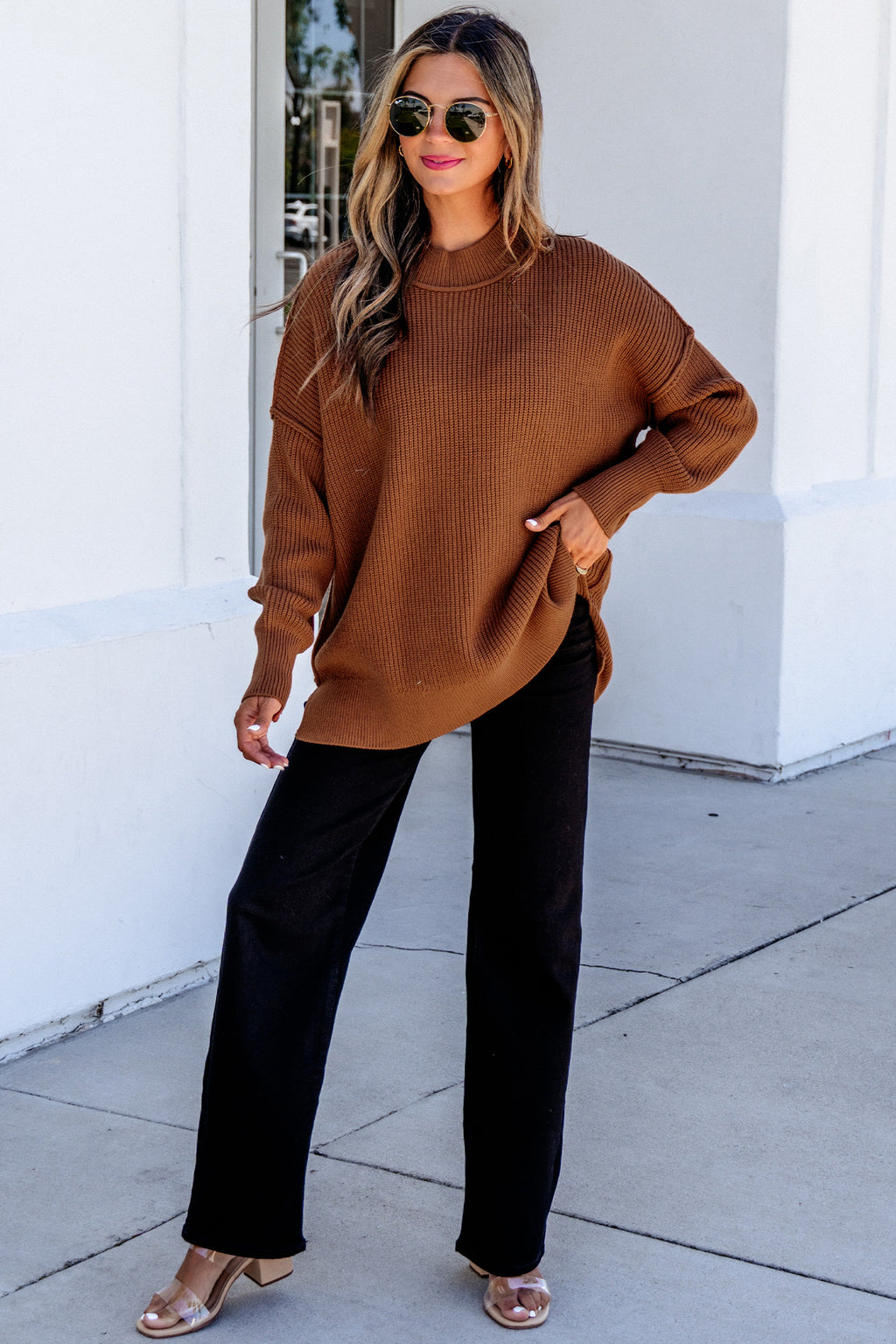 Chestnut Solid Color Mock Neck Oversized Tunic Sweater