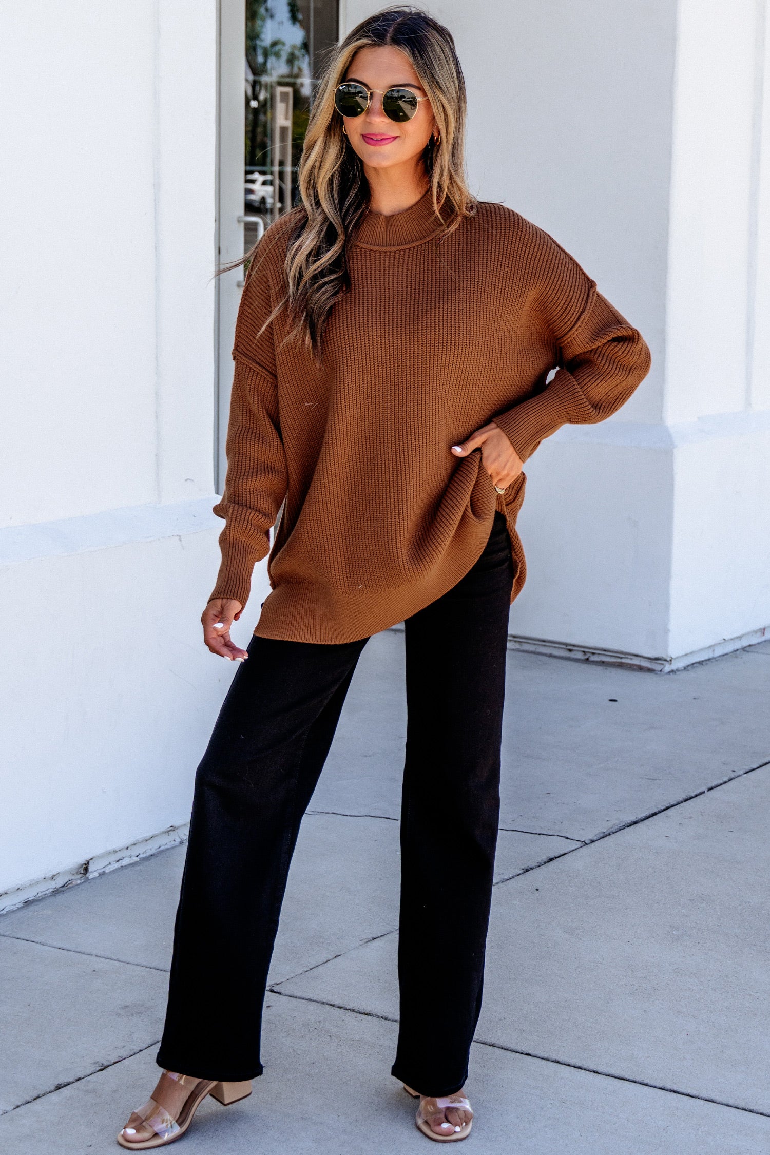 Chestnut Solid Color Mock Neck Oversized Tunic Sweater