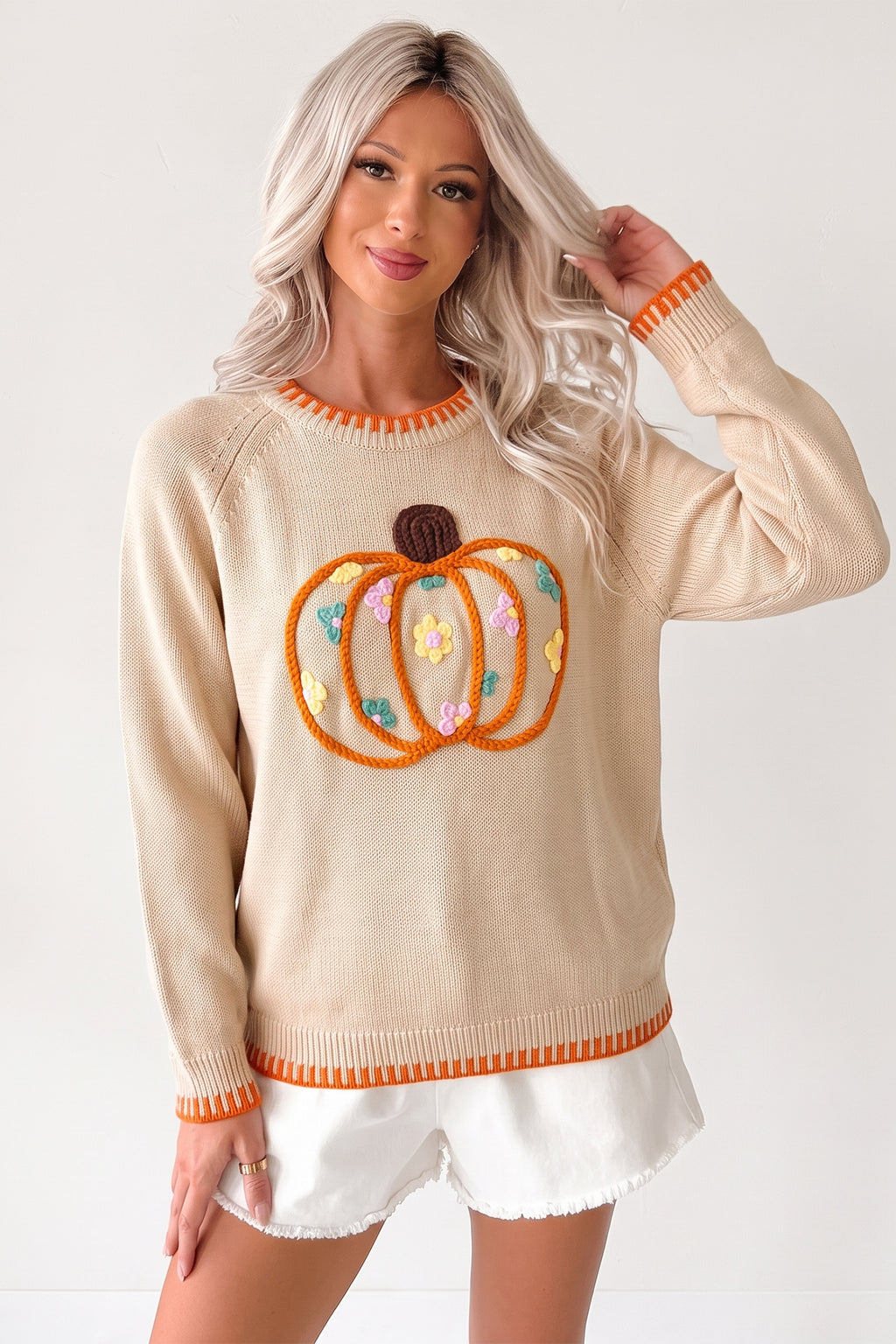 Parchment Floral Embroidery Pumpkin Long Sleeve Round Neck Sweater