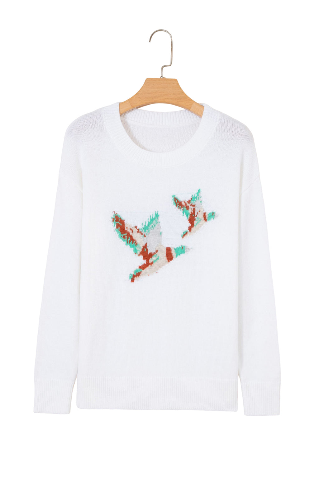 White Retro Flying Mallard Pattern Drop Shoulder Pullover Sweater