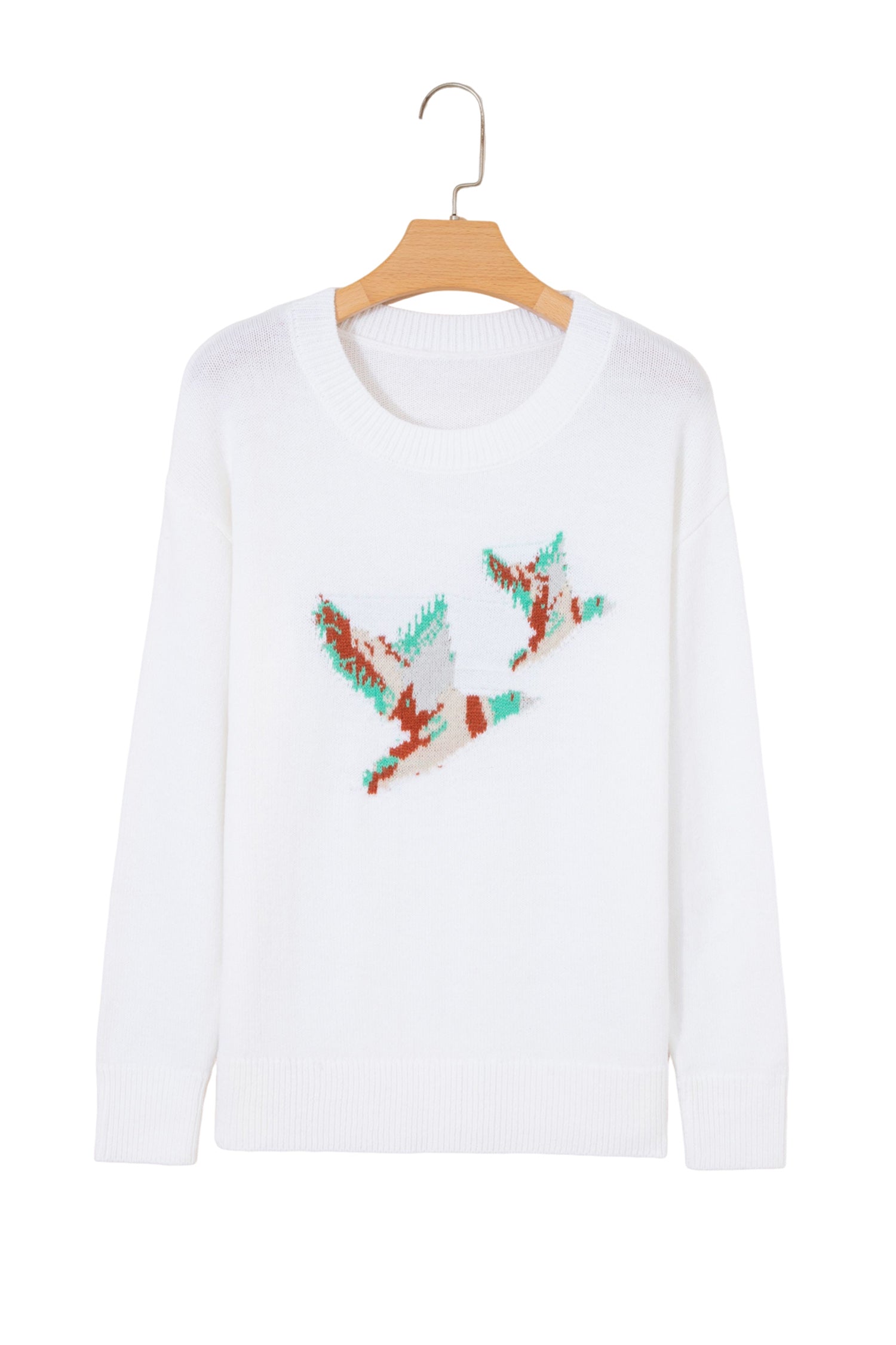 White Retro Flying Mallard Pattern Drop Shoulder Pullover Sweater