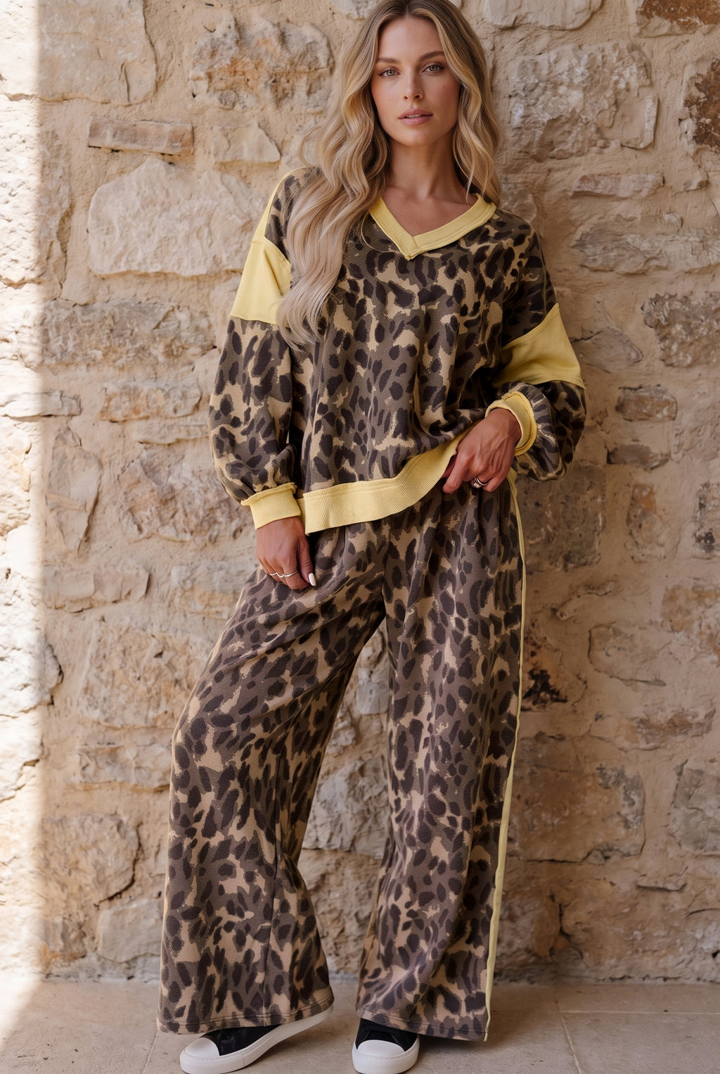 Brown Leopard Print Long Sleeve V-Neck Wide Leg Pant Set