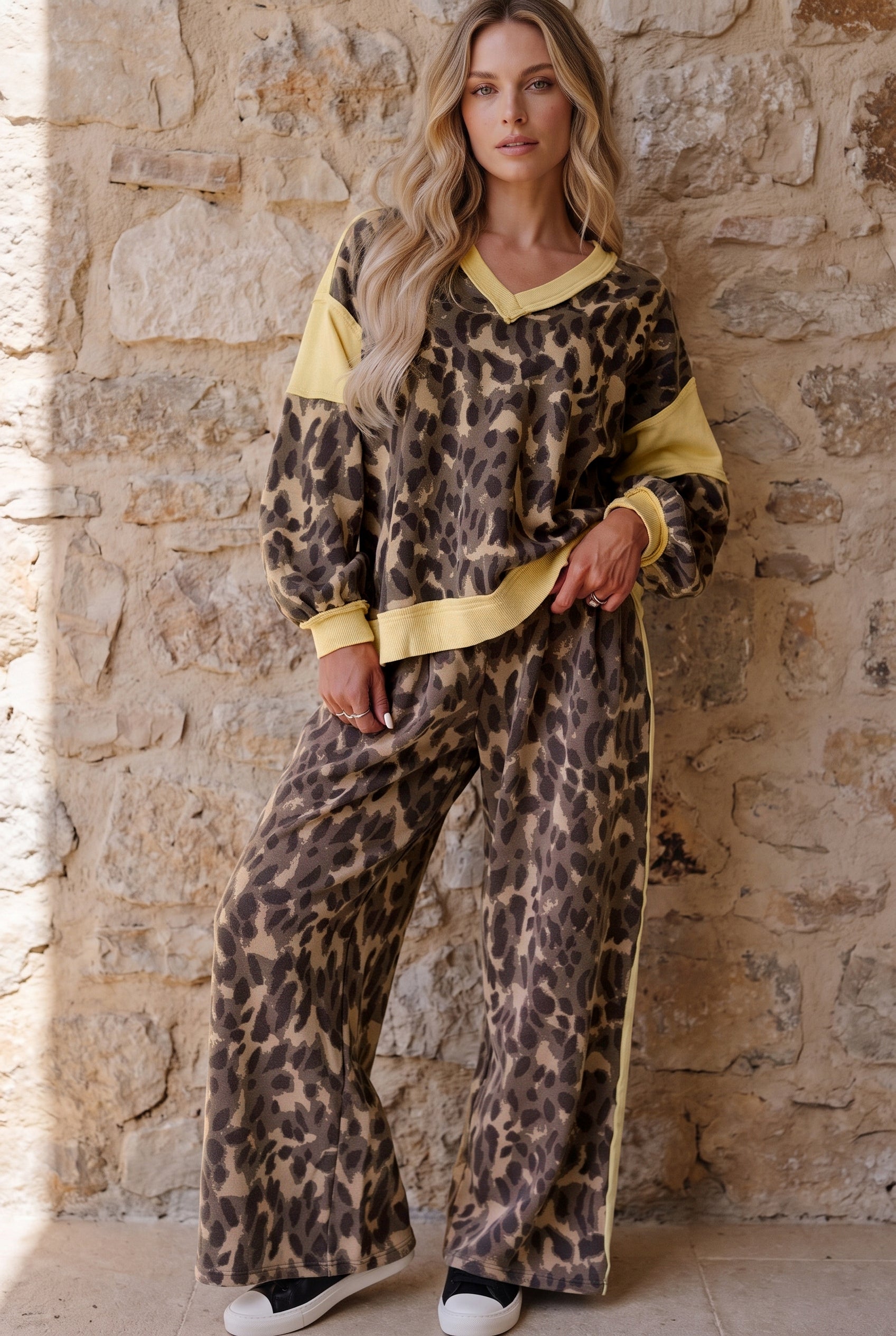 Brown Leopard Print Long Sleeve V-Neck Wide Leg Pant Set