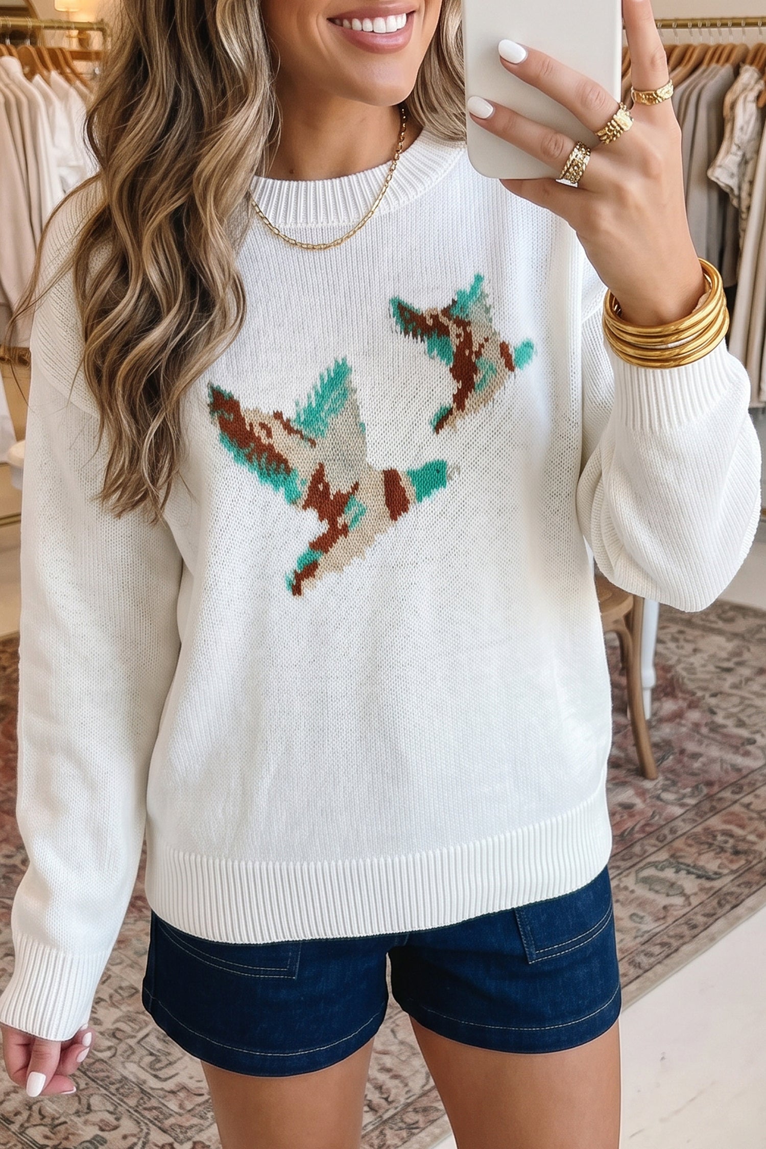 White Retro Flying Mallard Pattern Drop Shoulder Pullover Sweater