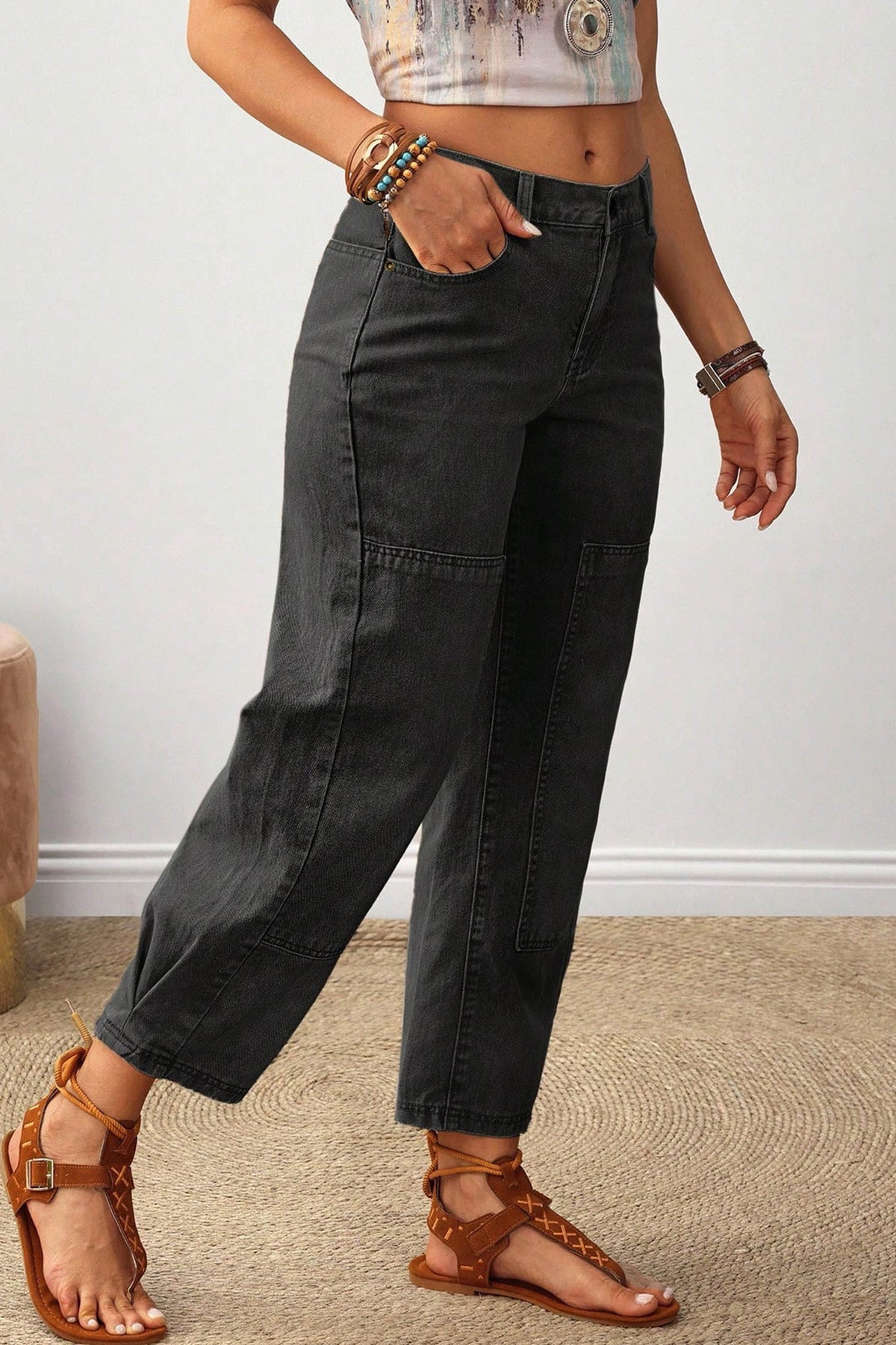 Beau Blue Decorative Seam Patchwork Detail Solid Color Jeans