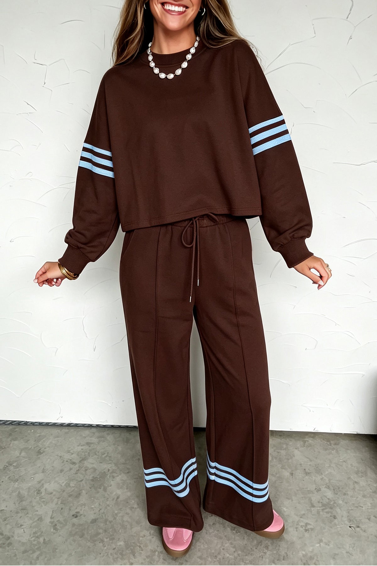 Parchment Contrasting Striped Detail Long Sleeve Top Loose Pants 2pcs Set