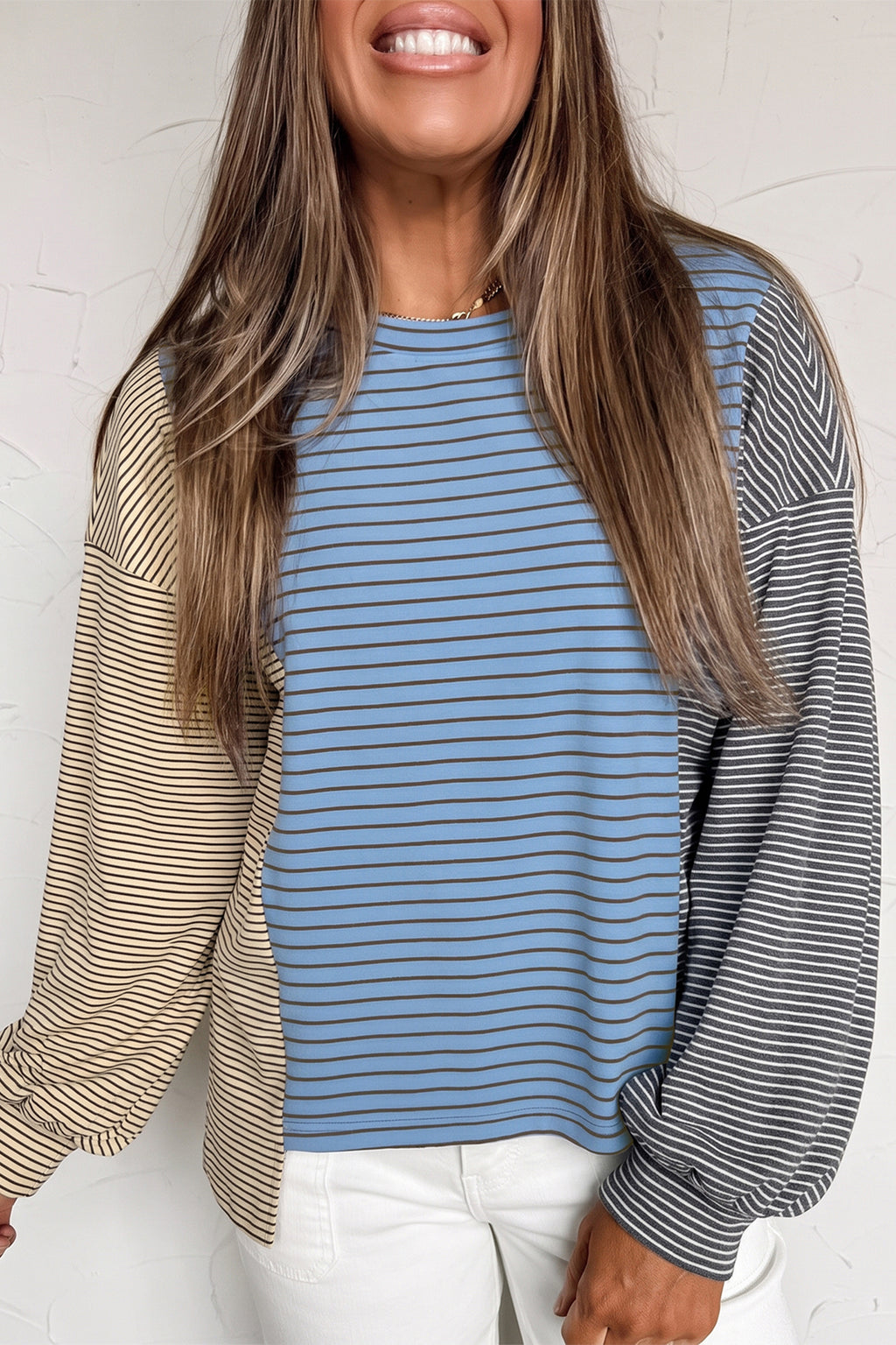 Sky Blue Stripe Color Block Contrast Long Sleeve Round Neck Casual Shift Pullover