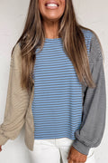 Sky Blue Stripe Color Block Contrast Long Sleeve Round Neck Casual Shift Pullover