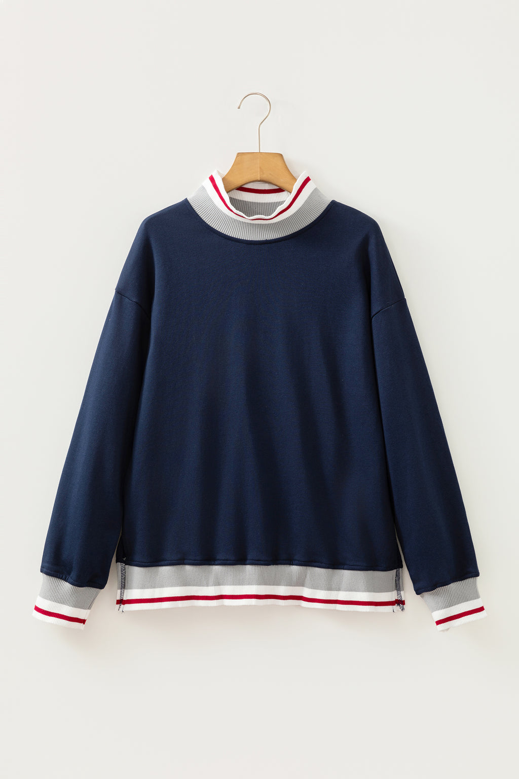 Navy Blue Ribbed Stand Neck Long Sleeve Loose Fit Sweatshirt