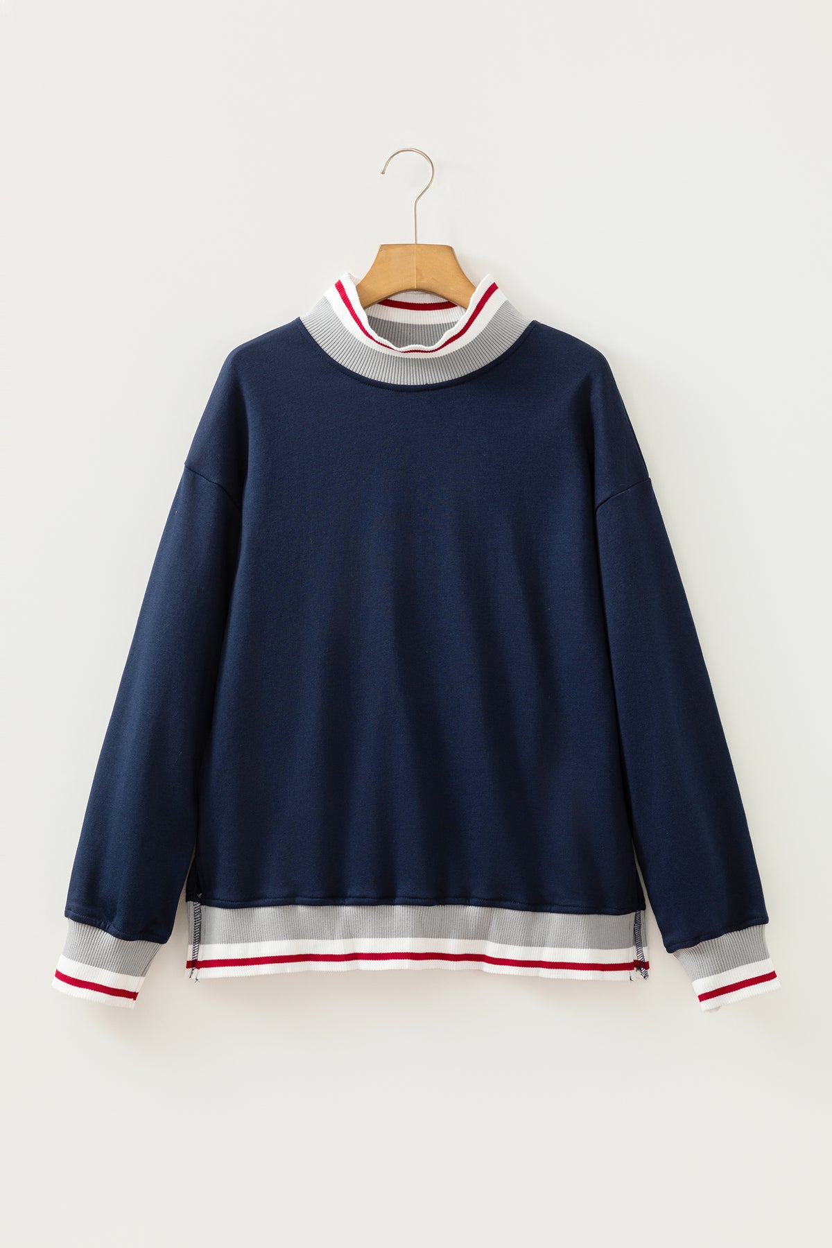 Navy Blue Ribbed Stand Neck Long Sleeve Loose Fit Sweatshirt