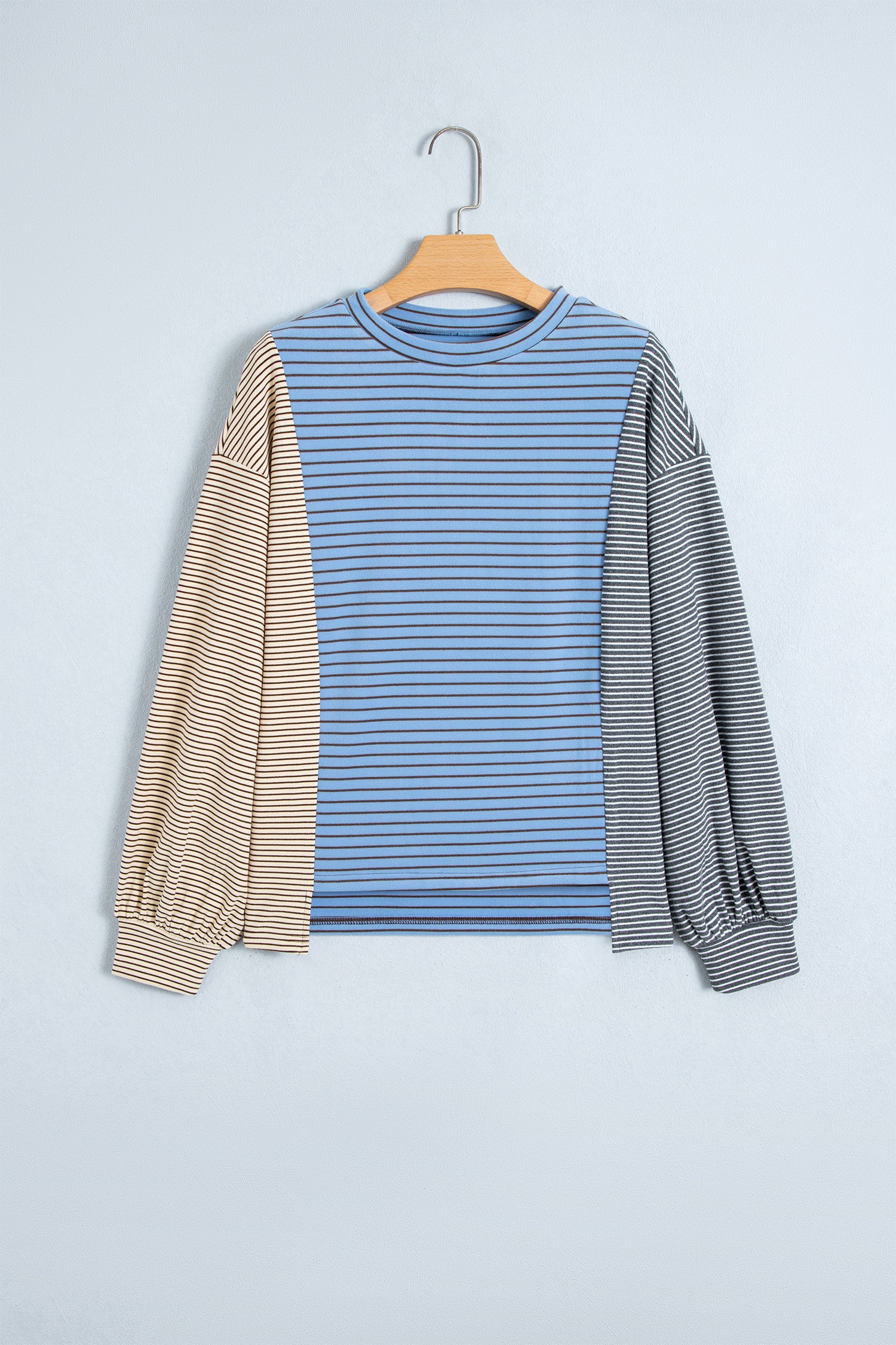 Sky Blue Stripe Color Block Contrast Long Sleeve Round Neck Casual Shift Pullover
