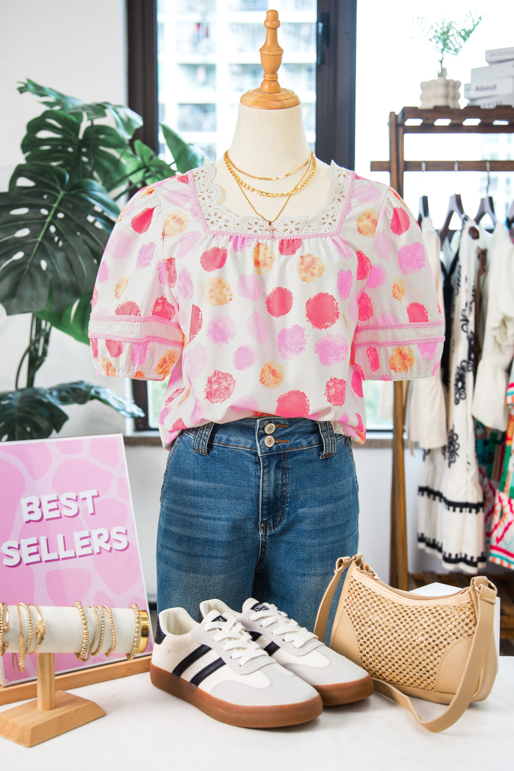 Pink Polka Dot Lace Trim Square Neck Puff Sleeve Blouse