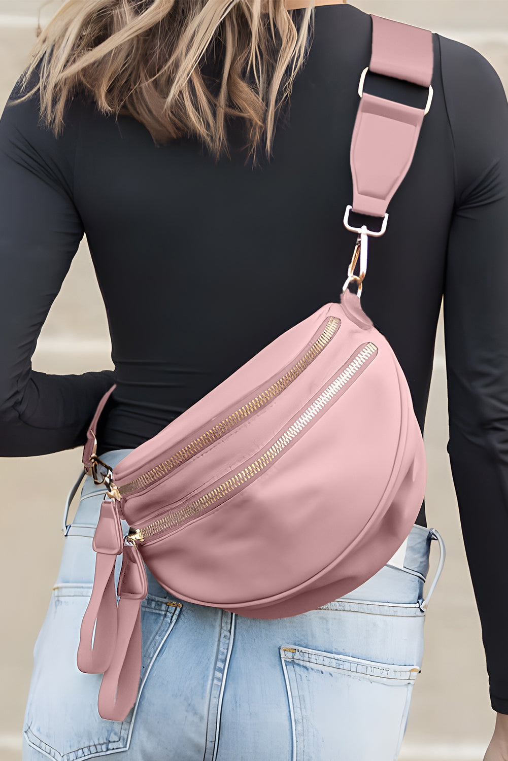 Dark Grey Double Zip Crescent Shape Adjustable Sling Bag