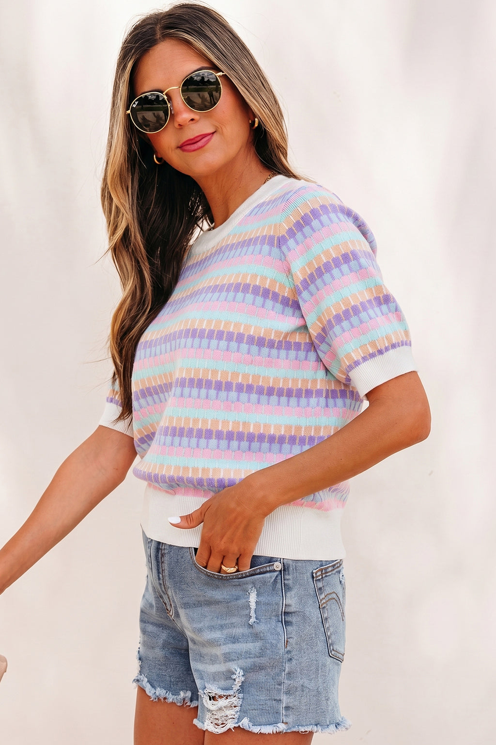 Purple Abstract Striped Knit Short Sleeve Sweater
