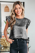 Gold Metallic Round Neck Ruffle Trim Sleeveless Top