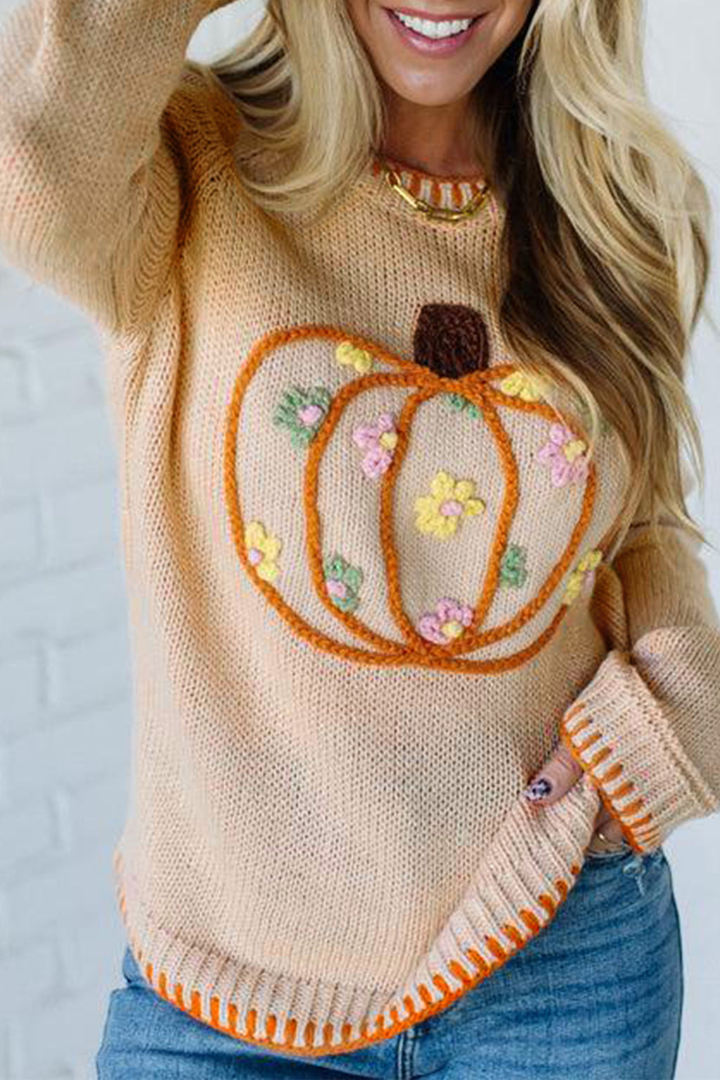 Parchment Floral Embroidery Pumpkin Long Sleeve Round Neck Sweater